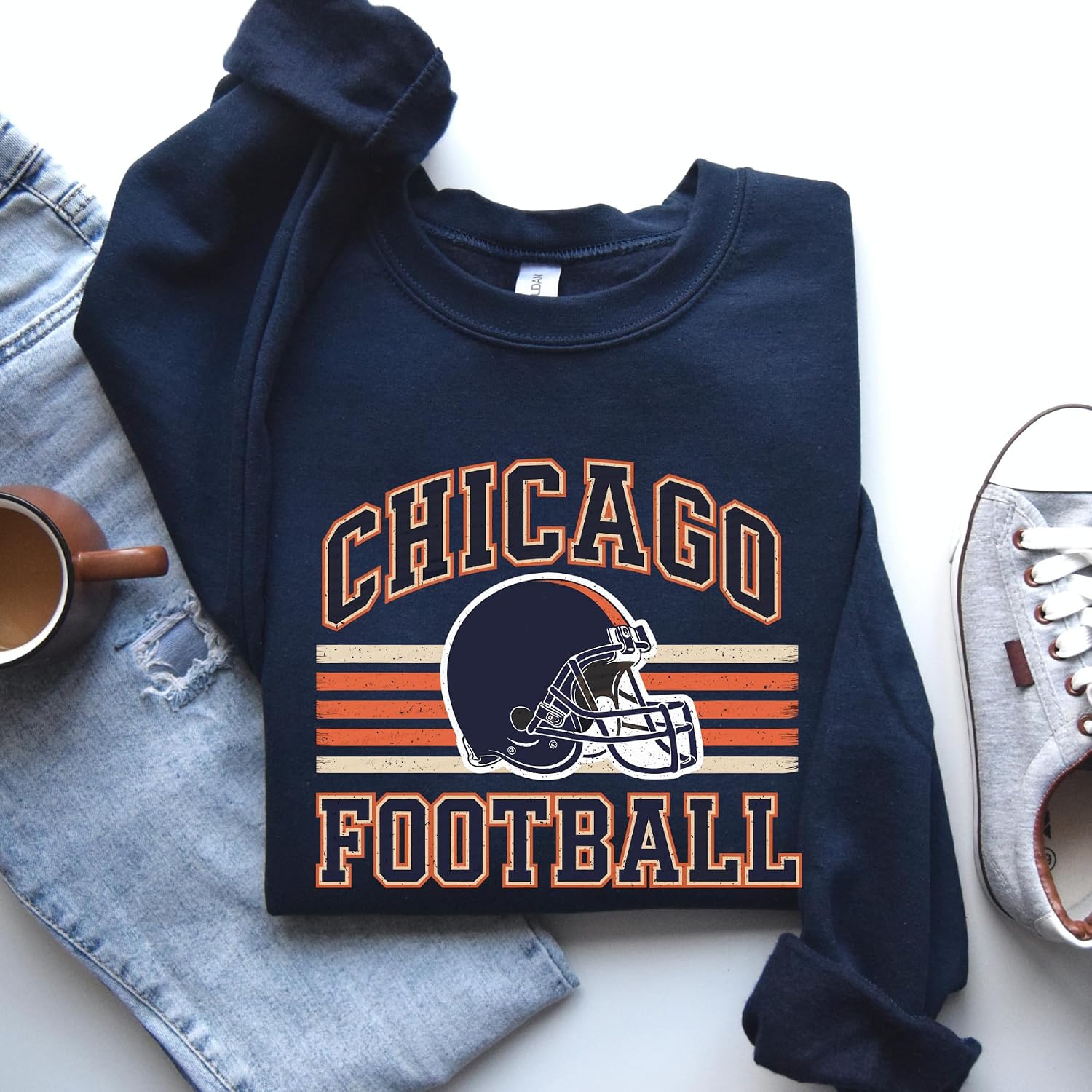 Distressed Chicago Football Sweatshirt – Vintage Helmet Graphic Pullover