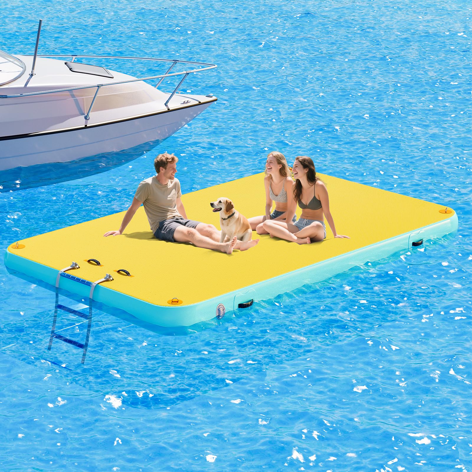 Specraft 10x6 ft Inflatable Floating Dock with Non-Slip Surface, Detachable Ladder, Multi-Person Swim Platform for Pool, Beach, Ocean, Yellow+Mint Green