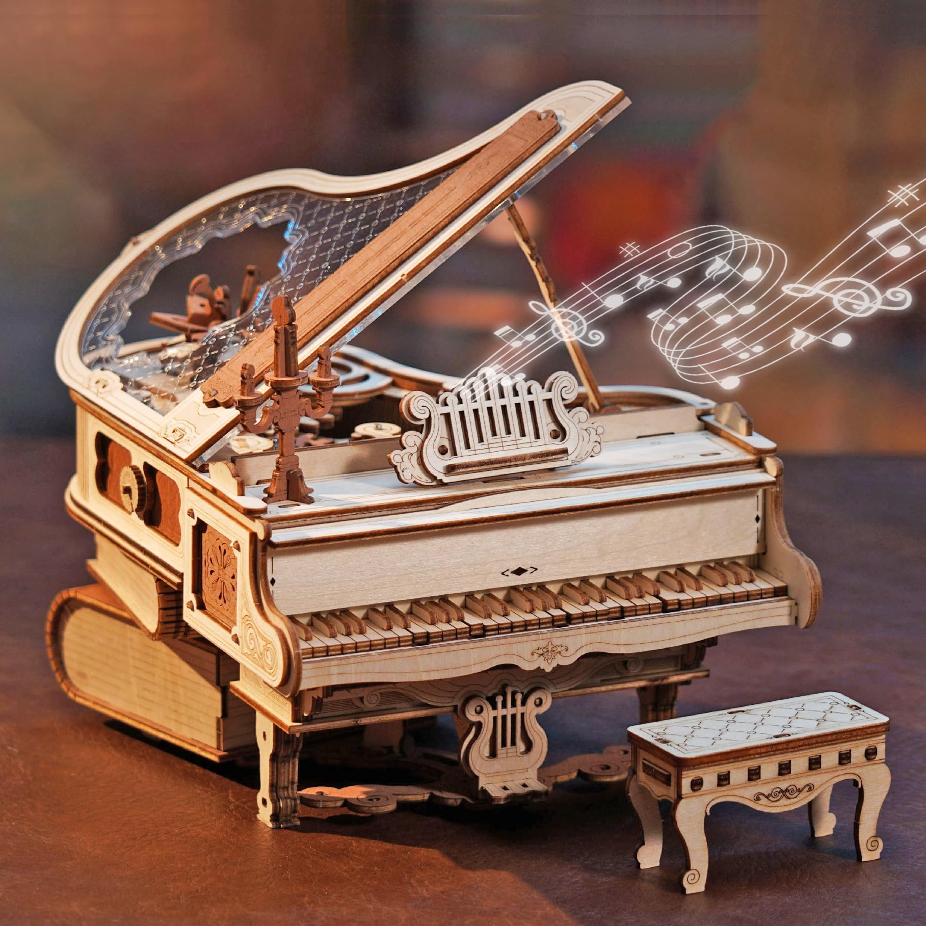 ROBOTIME 3D Wooden Puzzle Magic Piano Music Box, Model Kits for Adults to Build, Gear Model Building Construction Craft Kits, Wood Gift