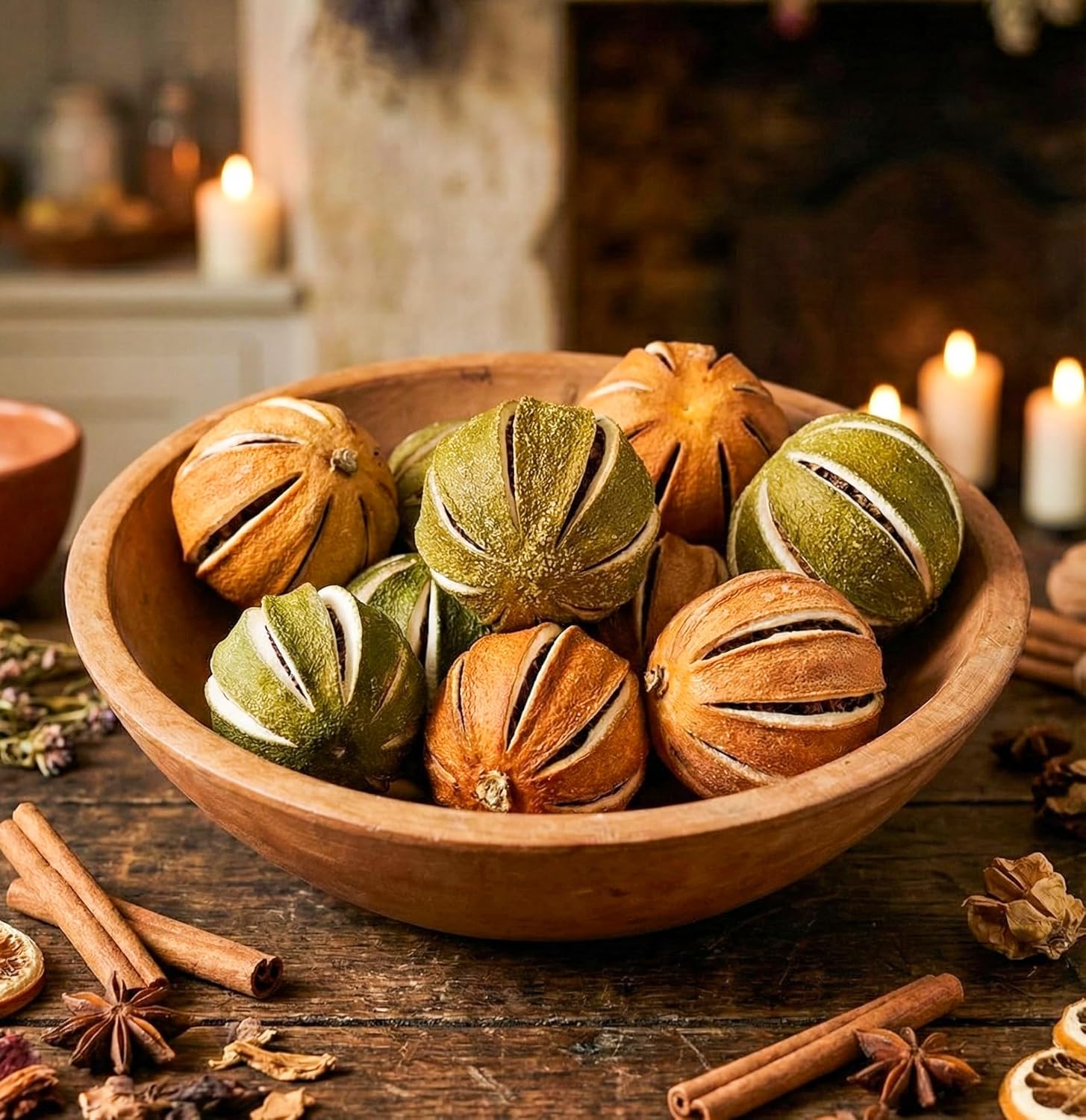 Set of 10 Primitive Whole Dried Lime and Orange Bowl Filler – Natural Farmhouse Décor, Rustic Craft Supplies for Garlands, Ornaments & Seasonal Displays