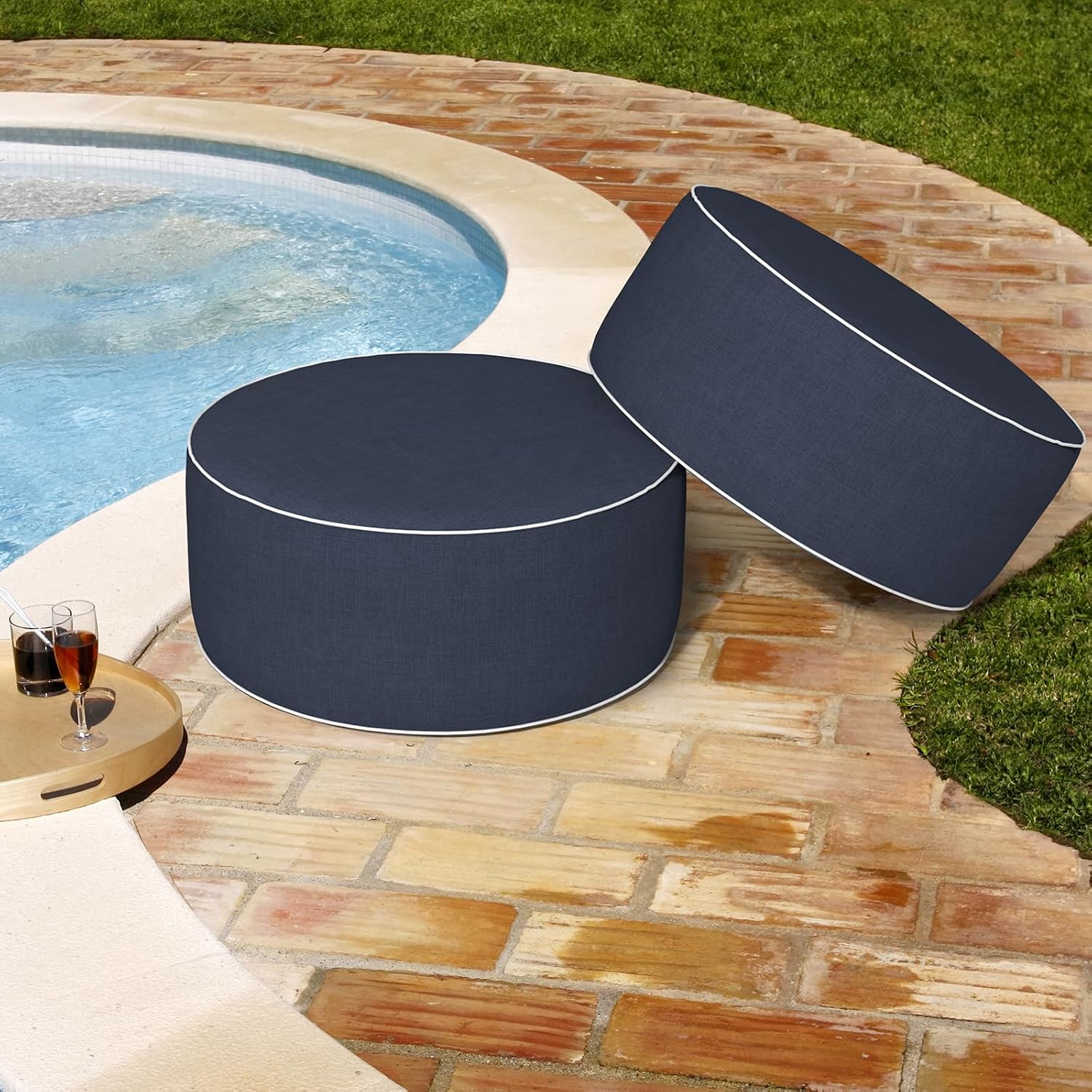 Patio Inflatable Ottoman, 21x9 Inch Portable Stool Ottoman with Handle, Outdoor Round Footrest Stool for Garden Camping, Textured Navy