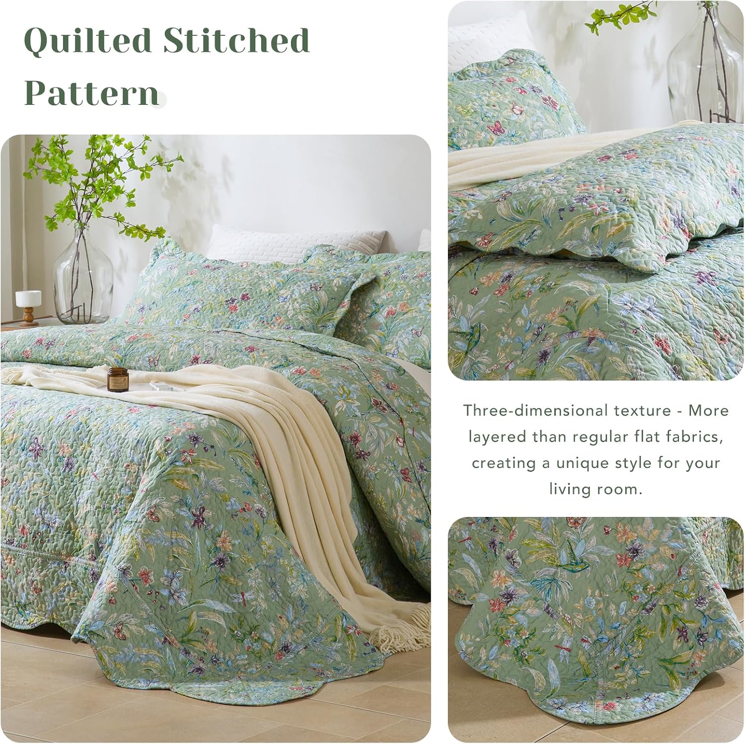 Oversized Queen Quilt Bedspread Set(102"x118"),3 PCS Floral Quilt Set, Green Flower Bird Butterfly Print Botanical Printed Bedspread Bedding Coverlet Spring Summer Lightweight