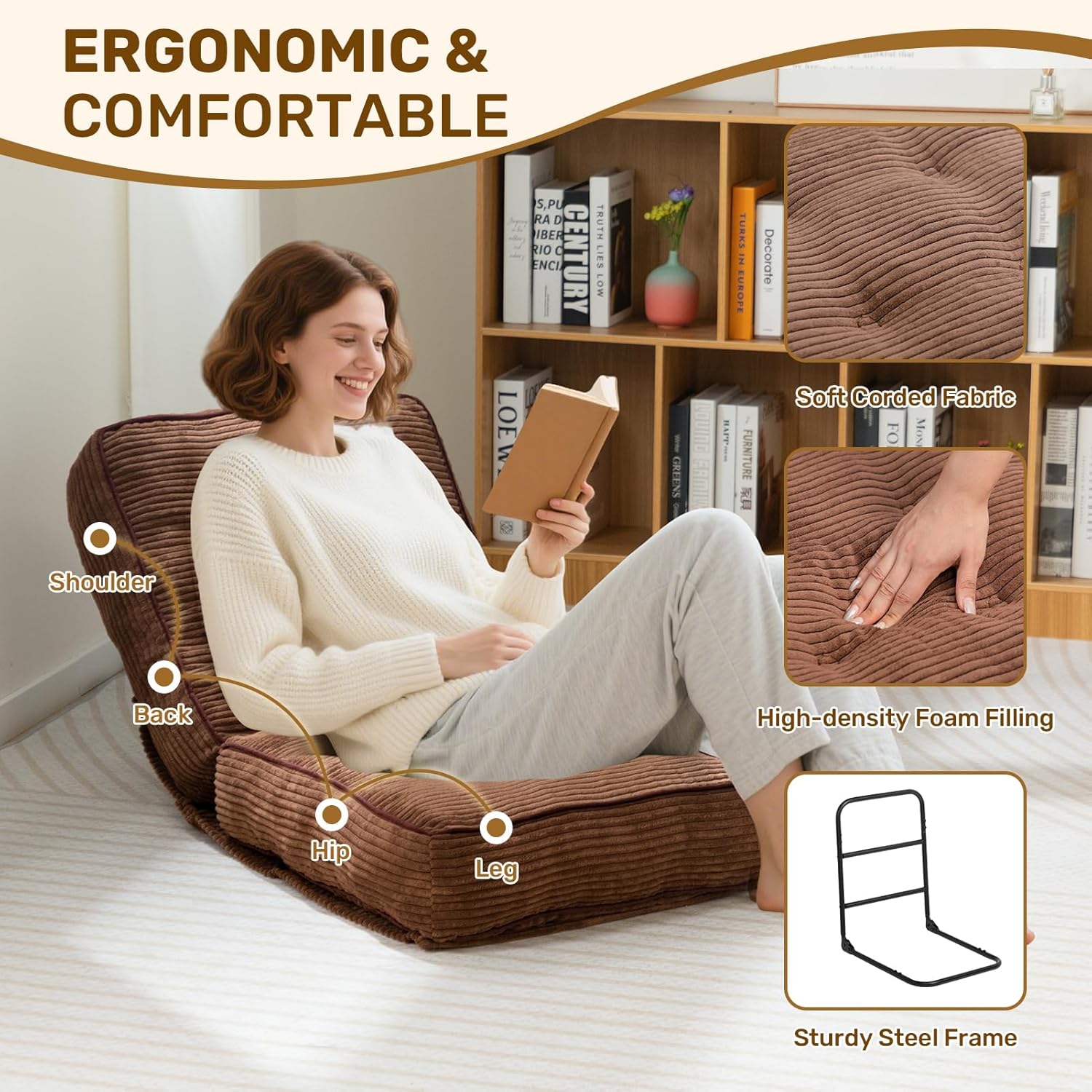 HollyHOME Adjustable Floor Chair with Back Support, Folding Recliner with Thick Sponge Cushion & Washable Cover, Portable Gaming Meditation Chair for Dorm Bedroom Reading Lounge, Coffee