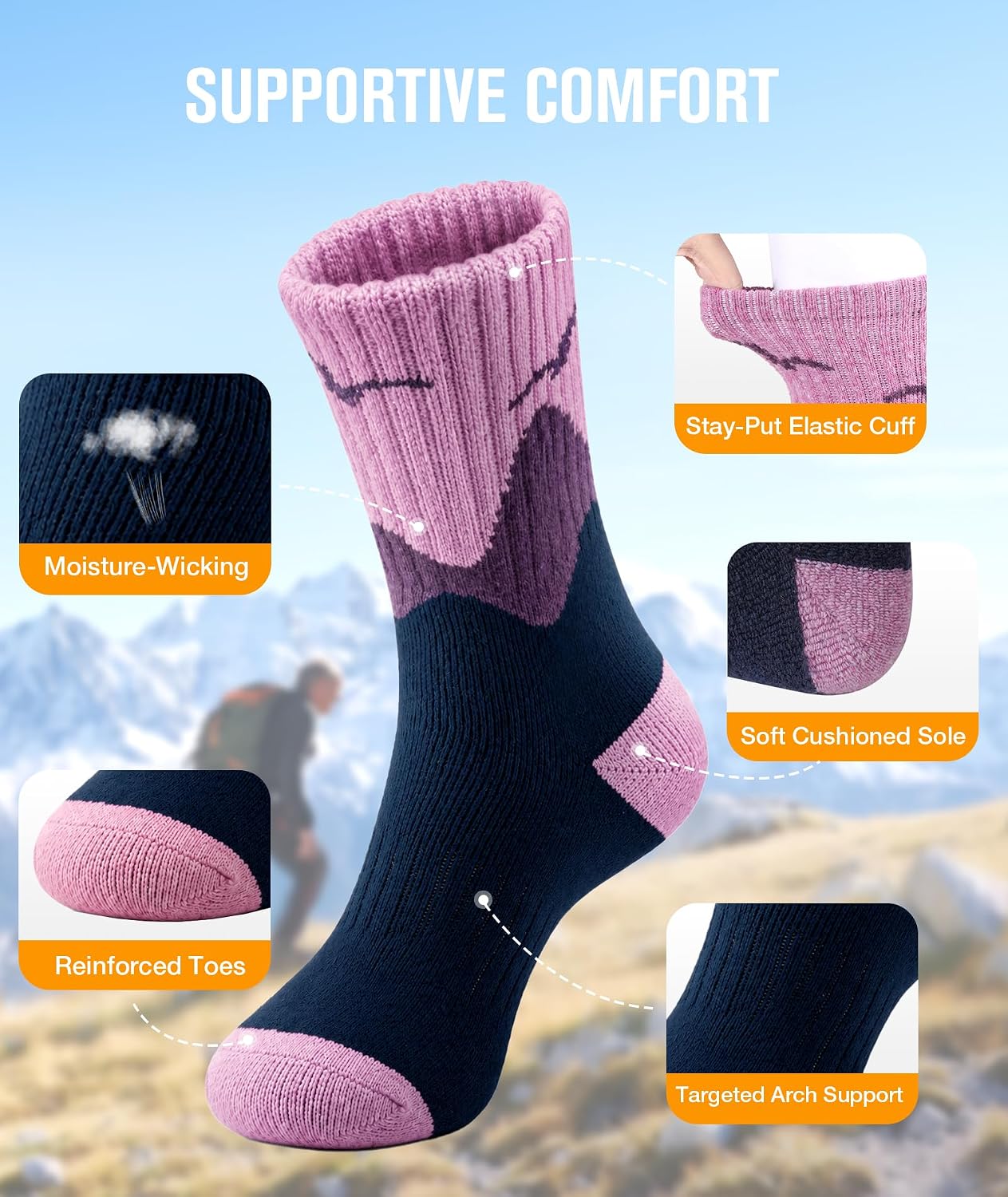  Merino Wool Socks for Women, Warm Hiking Socks 5 Pairs thumbnail