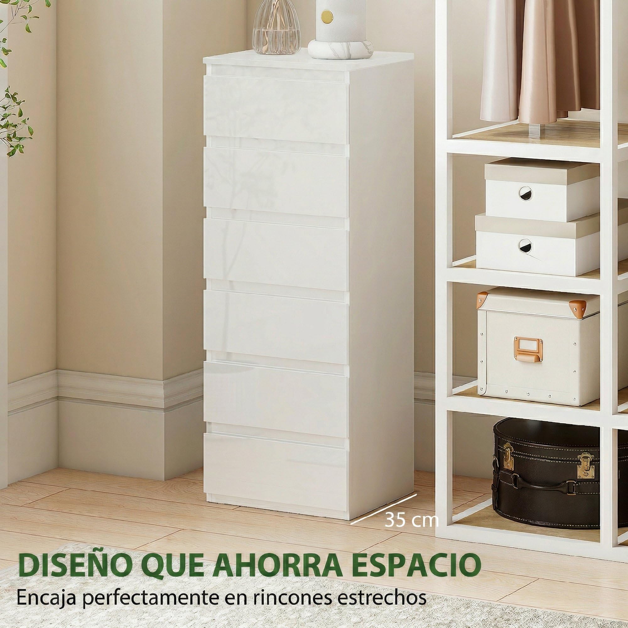 HOMCOM Cómoda 6 Cajones Dormitorio Estrecha 40x35x109 cm Blanco Brillo | Sinfonier, Ahorro Espacio, Cajonera para Sala de Estar, Comedor, Entrada