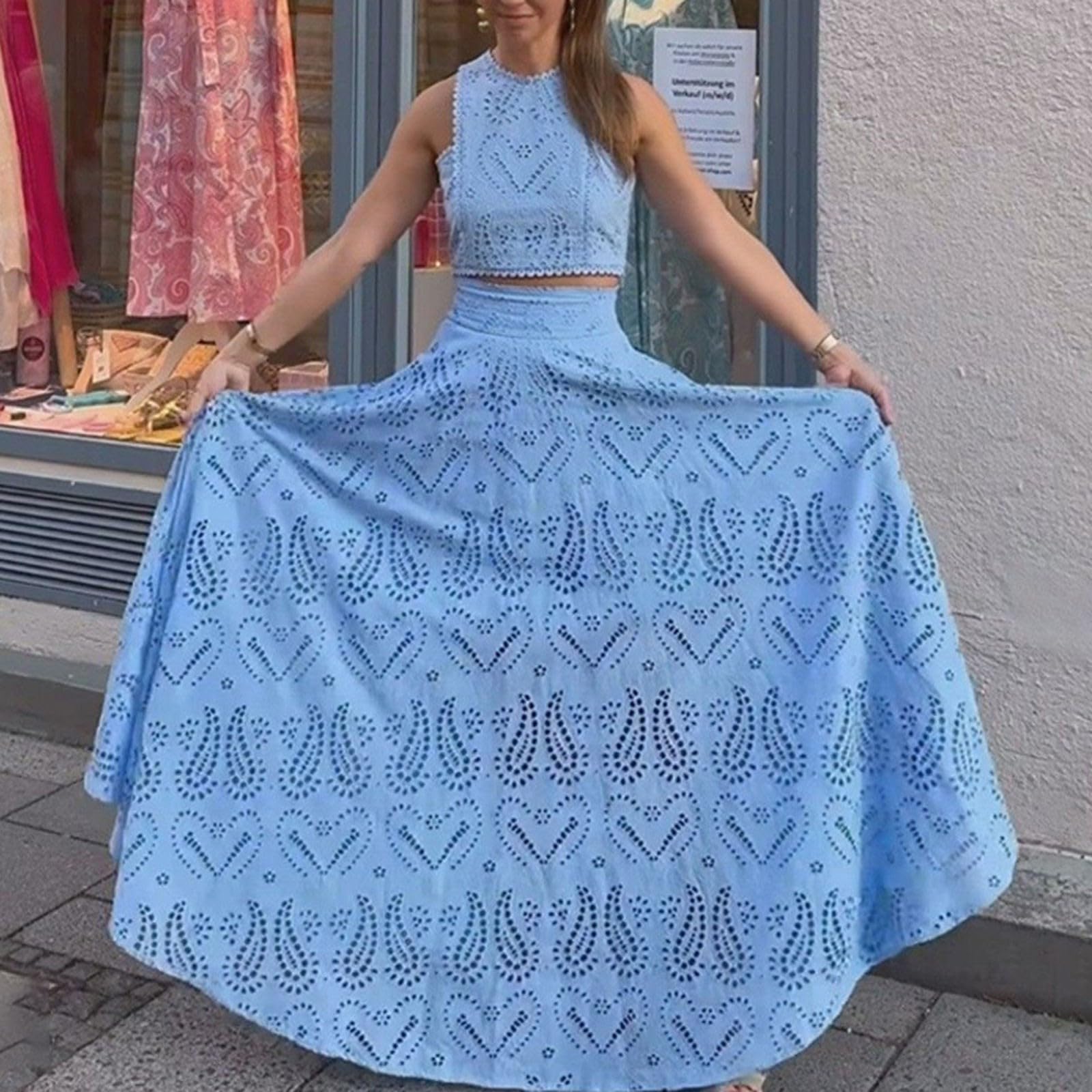 Conjunto de vestido de 2 piezas para mujer, camiseta sin mangas con cordones y falda elástica con cintura elástica, ropa de descanso, elegante vestido largo de dos piezas, ropa de calle, trajes de