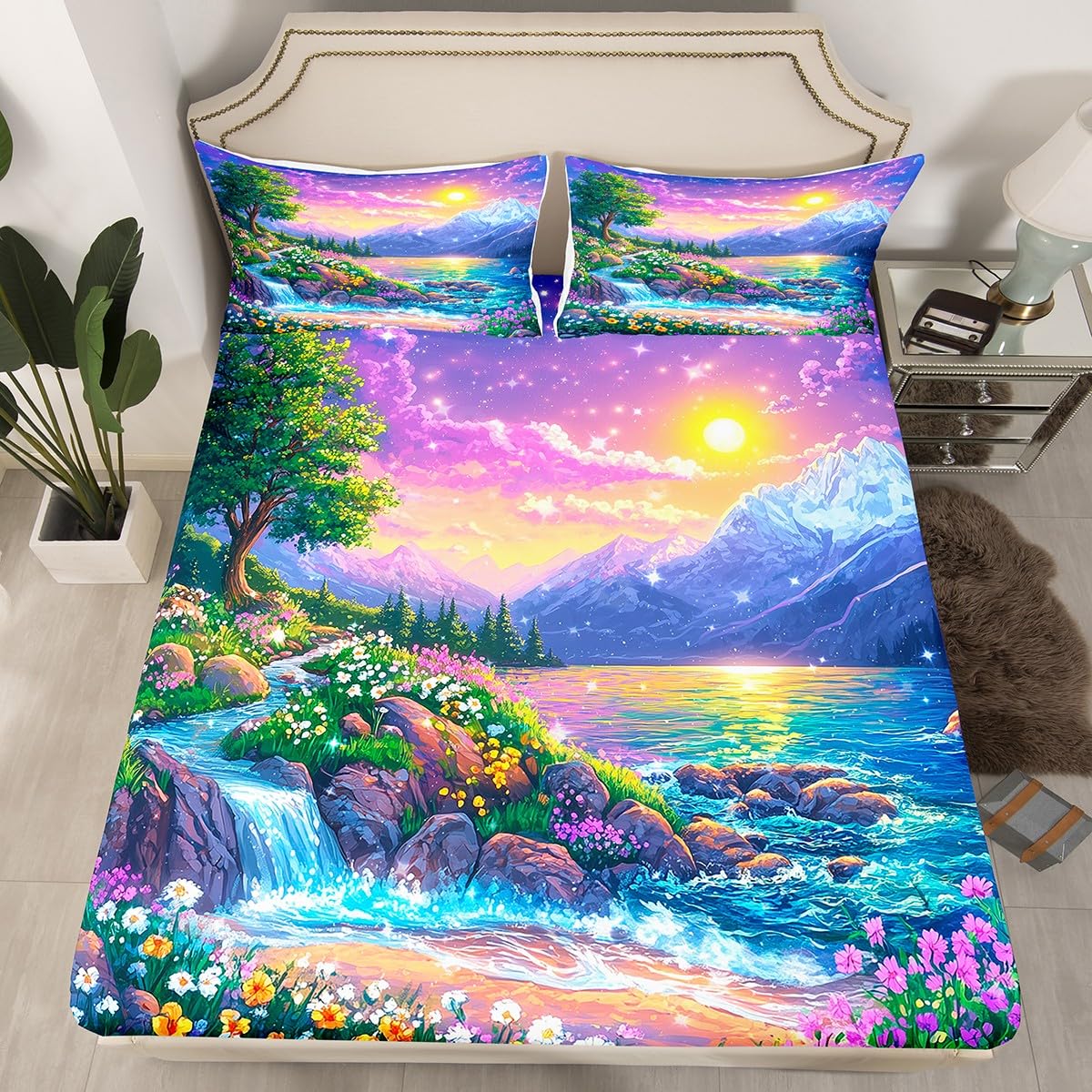 Spring Flowers Fitted Sheet Full,Watercolor Flowers Lake Cabin Decor Bed Sheet 3 Pieces(No Flat Sheet),Dreamy Galaxy Sky Bedding Set for Kids Adults,Rustic Farmhouse Style Deep Pocket Sheett