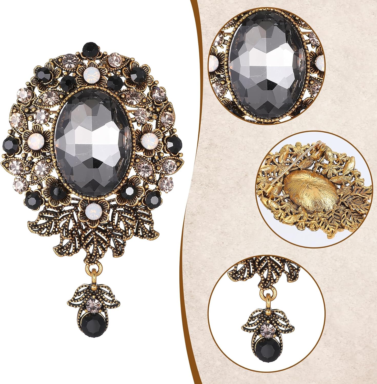 Vintage Teardrop Diamond Brooch Pin Gold Plated Crystal Victorian Style Flower Badge Brooches Unisex Beautiful Lapel Pins Elegant Daily Jewelry Decor for Clothes Dress Hats Bags