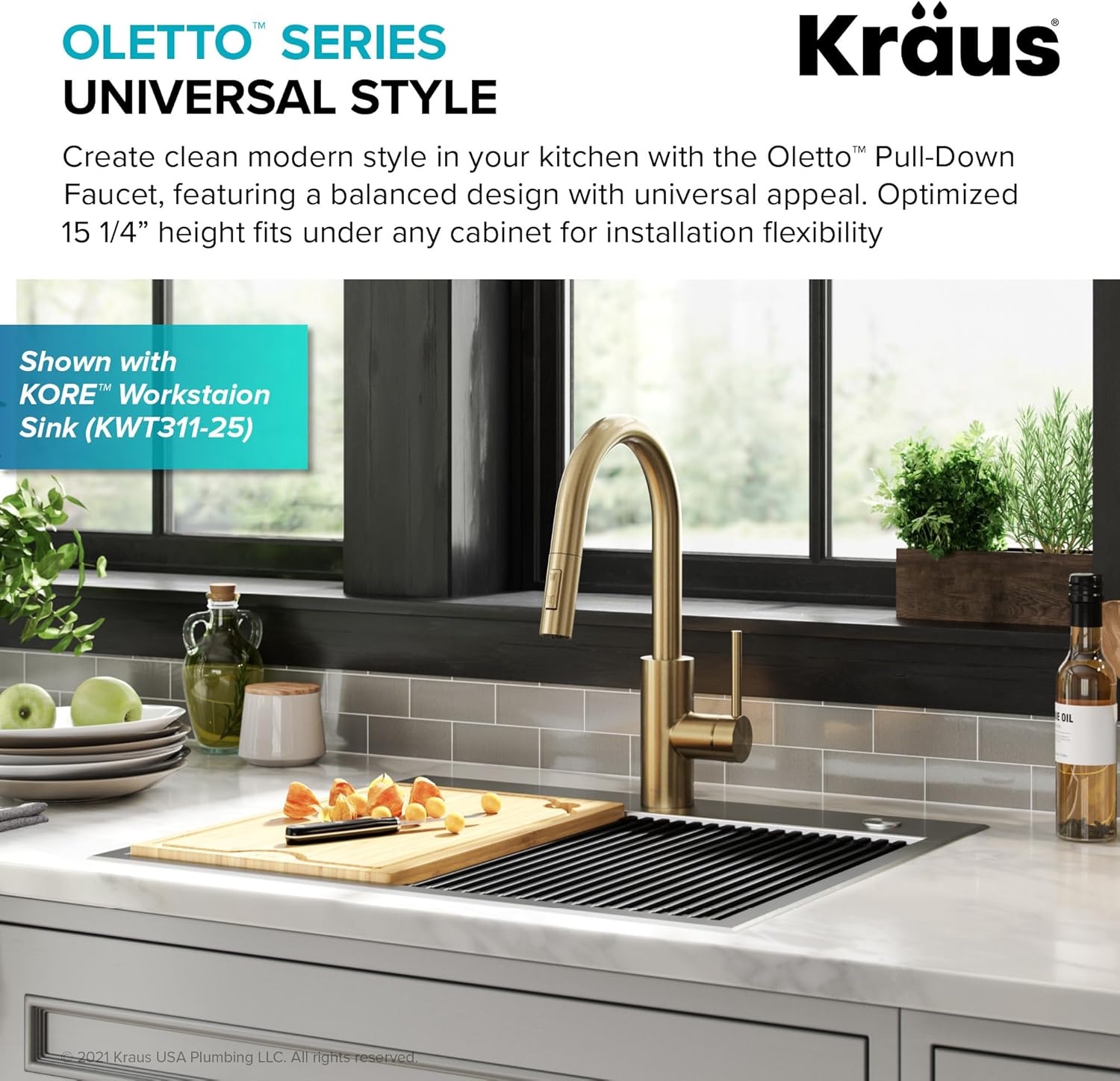 kraus oletto single handle pull down kitchen faucet with quickdock top mount installation assembly in spot free antique champagne bronze, kpf-2620sfacb spot-free antique champagne bronze pull down faucet