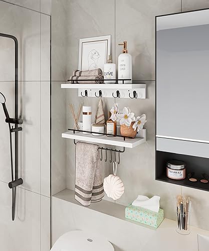 Miniatura 3 de Beskadi 2 estantes flotantes con ganchos, perchero montado en la pared, estante de baño con barra de toalla extraíble, estantes colgantes con 9