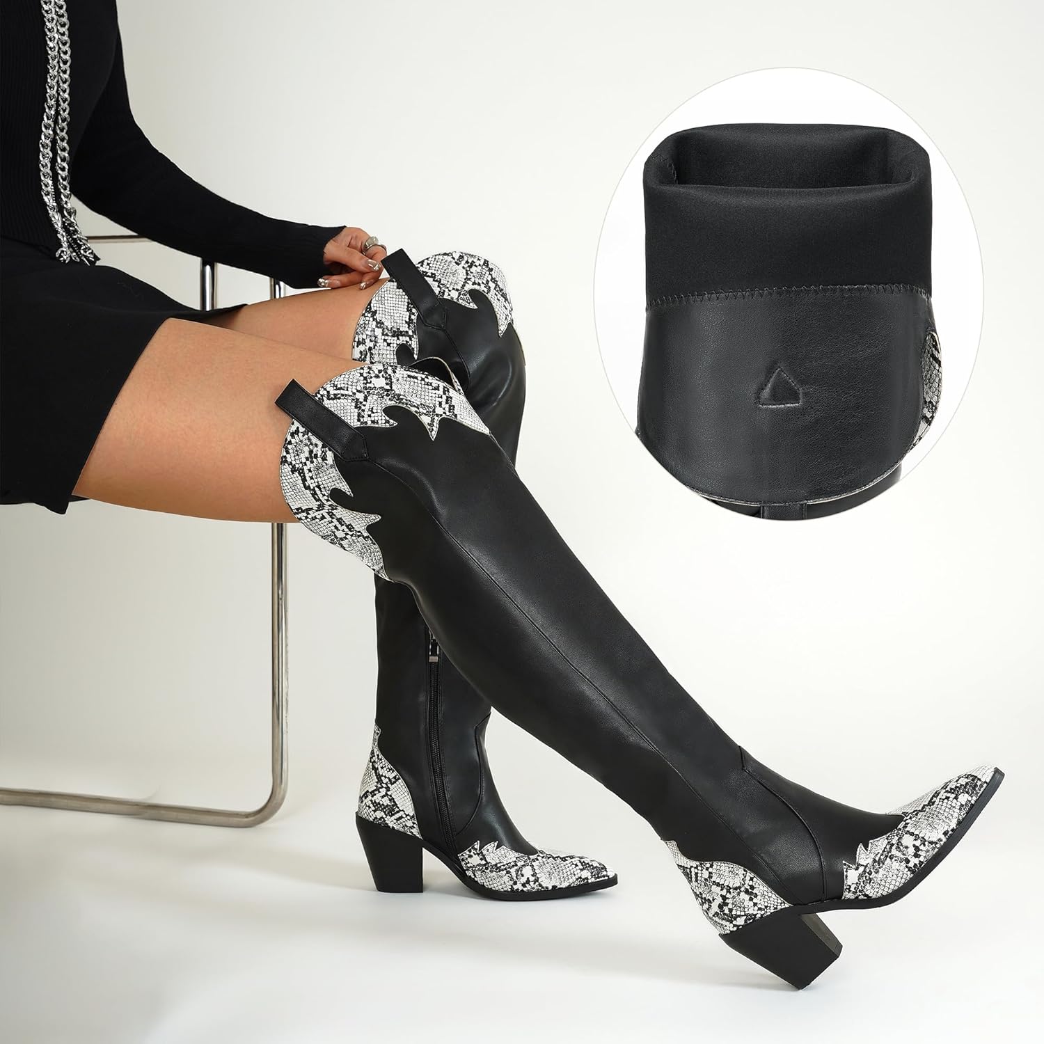 Embroidered Thigh High Cowboy Boots Women‘s Leather PU Over The Knee Dress Long Boots Block Chunky Heel