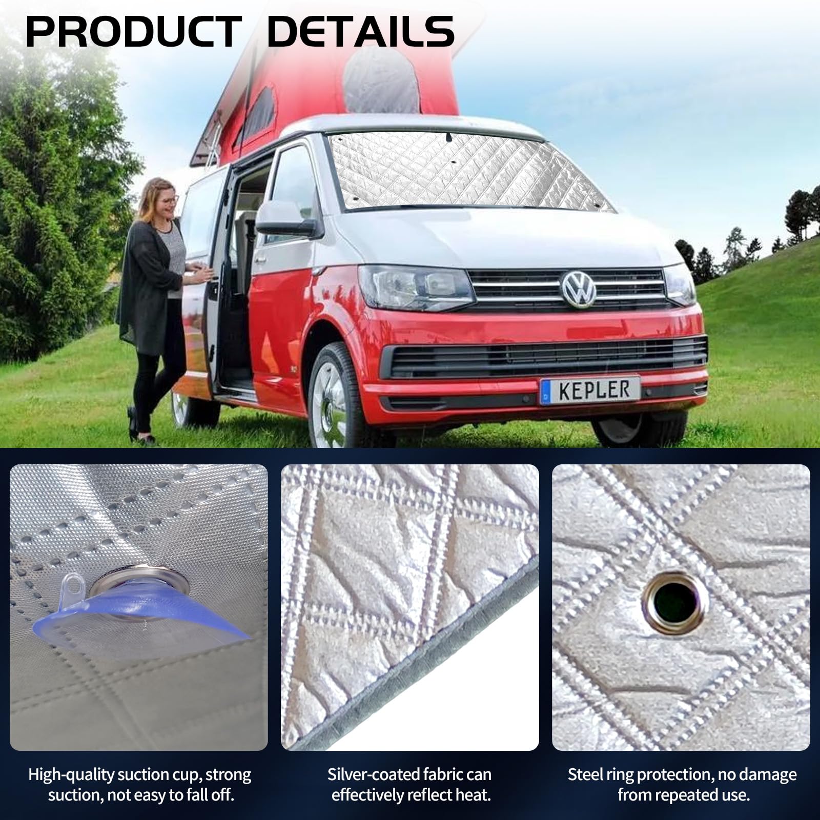 Wewnętrzna mata termiczna do kabiny kierowcy, pasuje do VW T5/T6 LWB (długi rozstaw osi), 8-częściowy zestaw, wielowarstwowa, odporna na rozdarcie ochrona przed słońcem, łatwy montaż