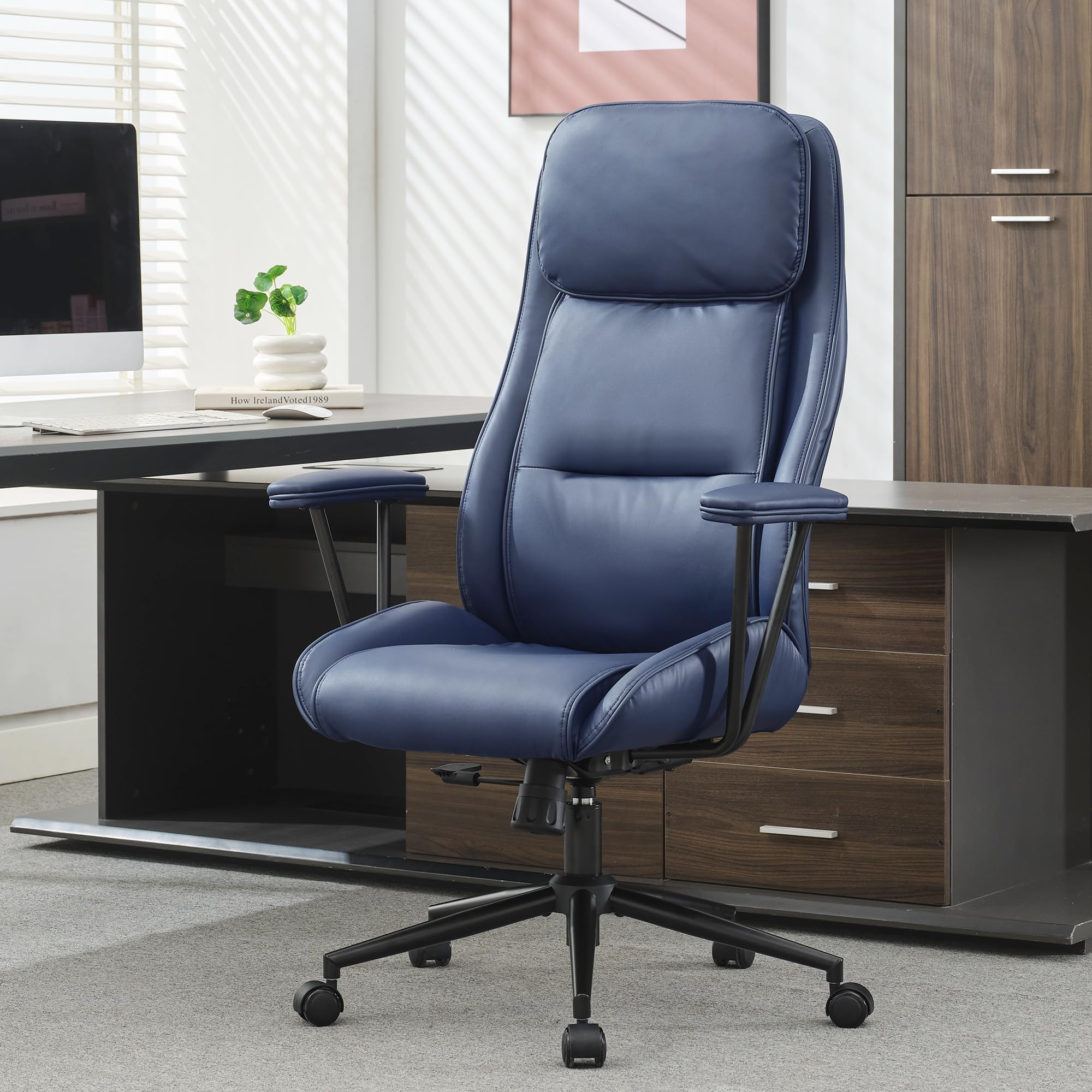 Modern Modern Leather Office Chair,Ergonomic Home Office Desk Chair with Lumbar Support,High Back Swivel Rolling Task Computer Executive Chair,Comfy Conference Room Chairs,330lbs (Blue)