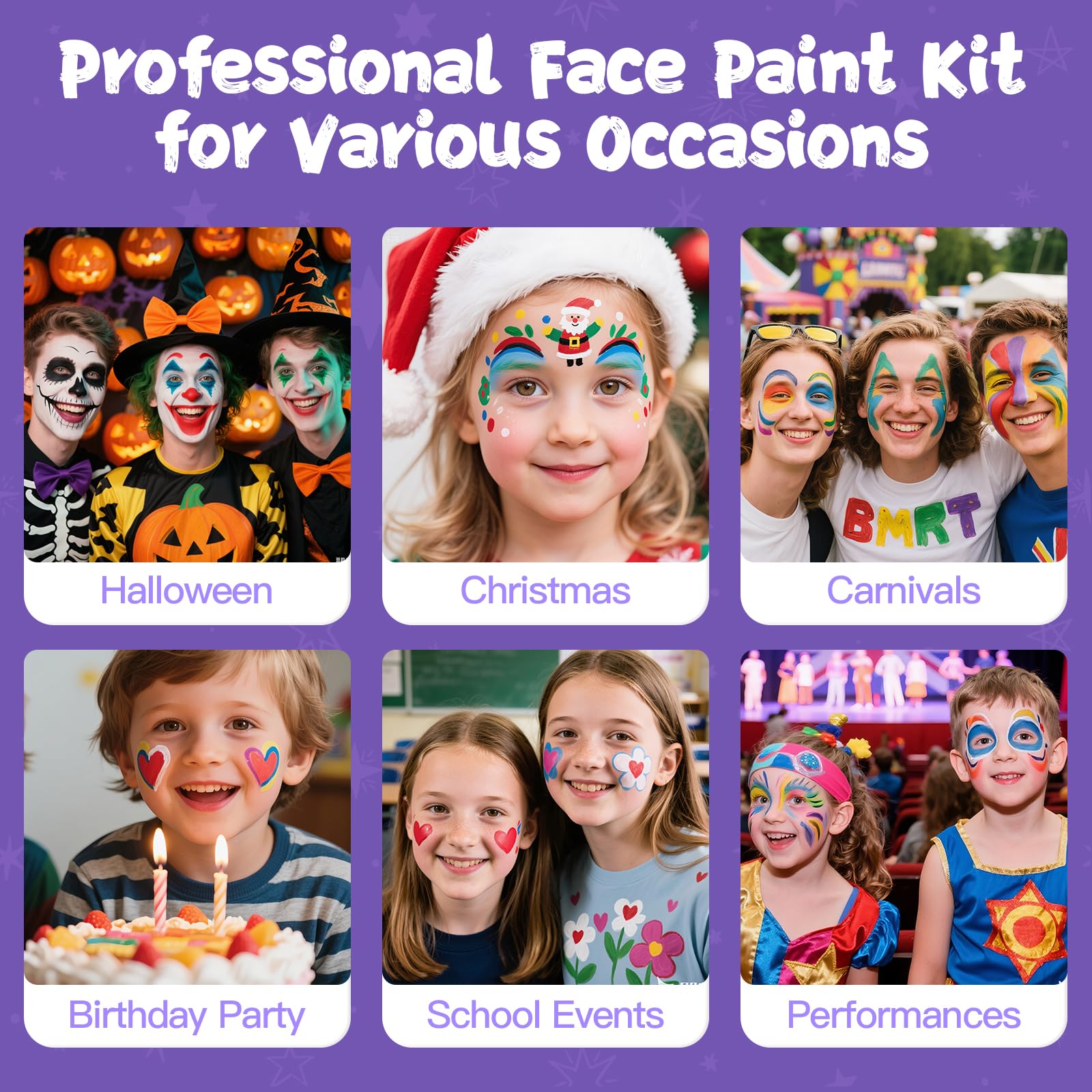 Kit de pintura facial para niños, pintura facial activada por agua de 12 colores con 2 pinceles, kit de maquillaje de Halloween no tóxico, pintura facial corporal profesional para Halloween, fiestas 7