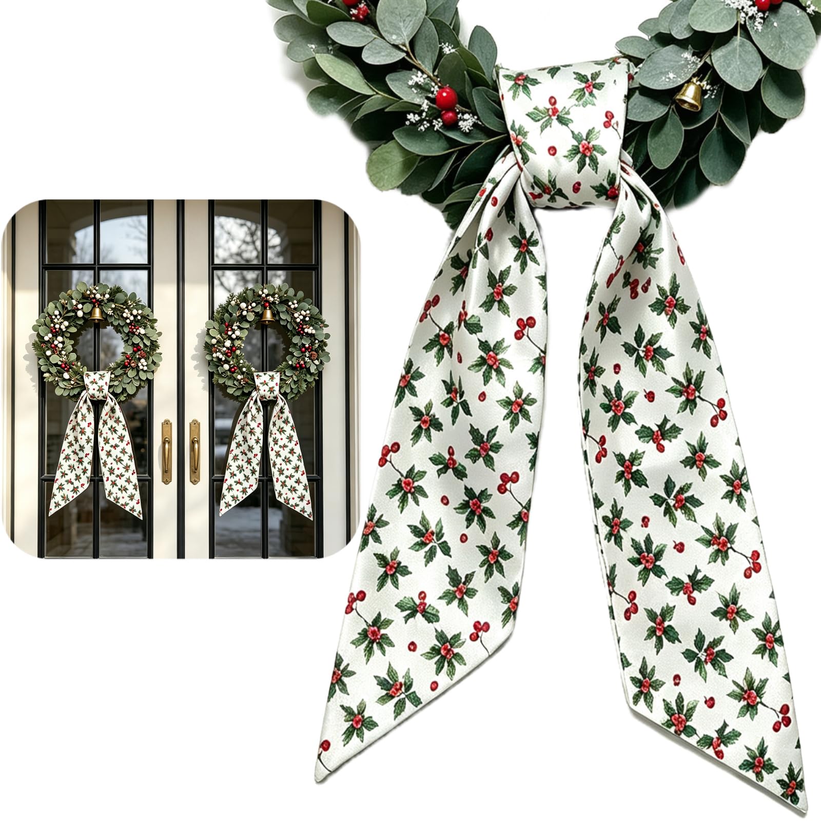 Christmas Wreath Sash for Front Door, 2Pcs White Ground with Christmas Berry Designs Wreath Satin Sash Ribbon Accessories for Yard Doorway Indoor Outdoor Home Decor