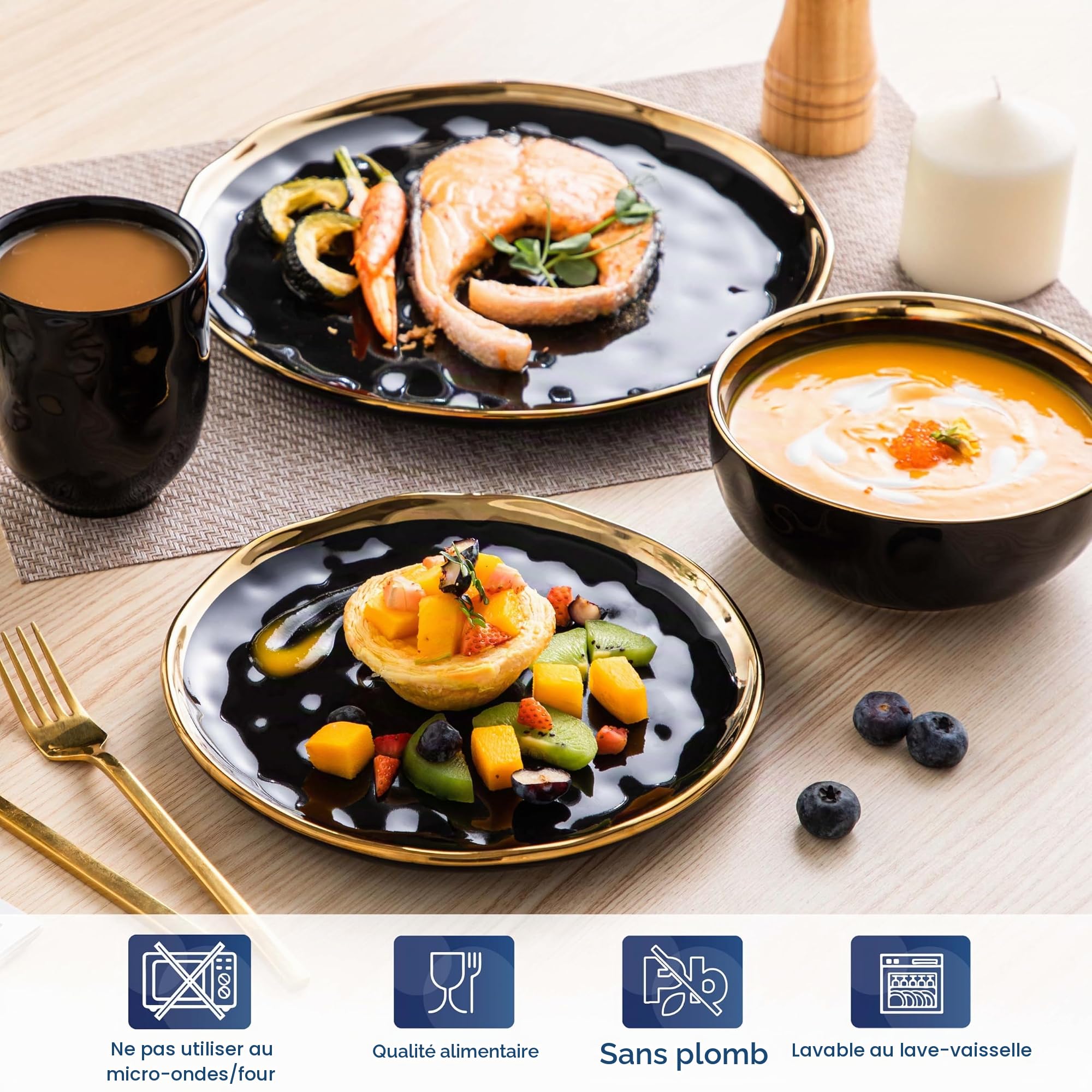 LOVECASA, Série Sweet. 16pcs Service de Table Complet en Grès pour 4 Personnes 4 Assiettes à Dessert, 4 Assiettes à Dîner, 4 Tasses, 4 Bols avec Garniture Dorée - Noir