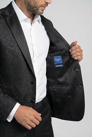 Mens Jacquard Tuxedo Suit Cotton Blend Satin Lapel 3 PC Wedding Black Tie Set