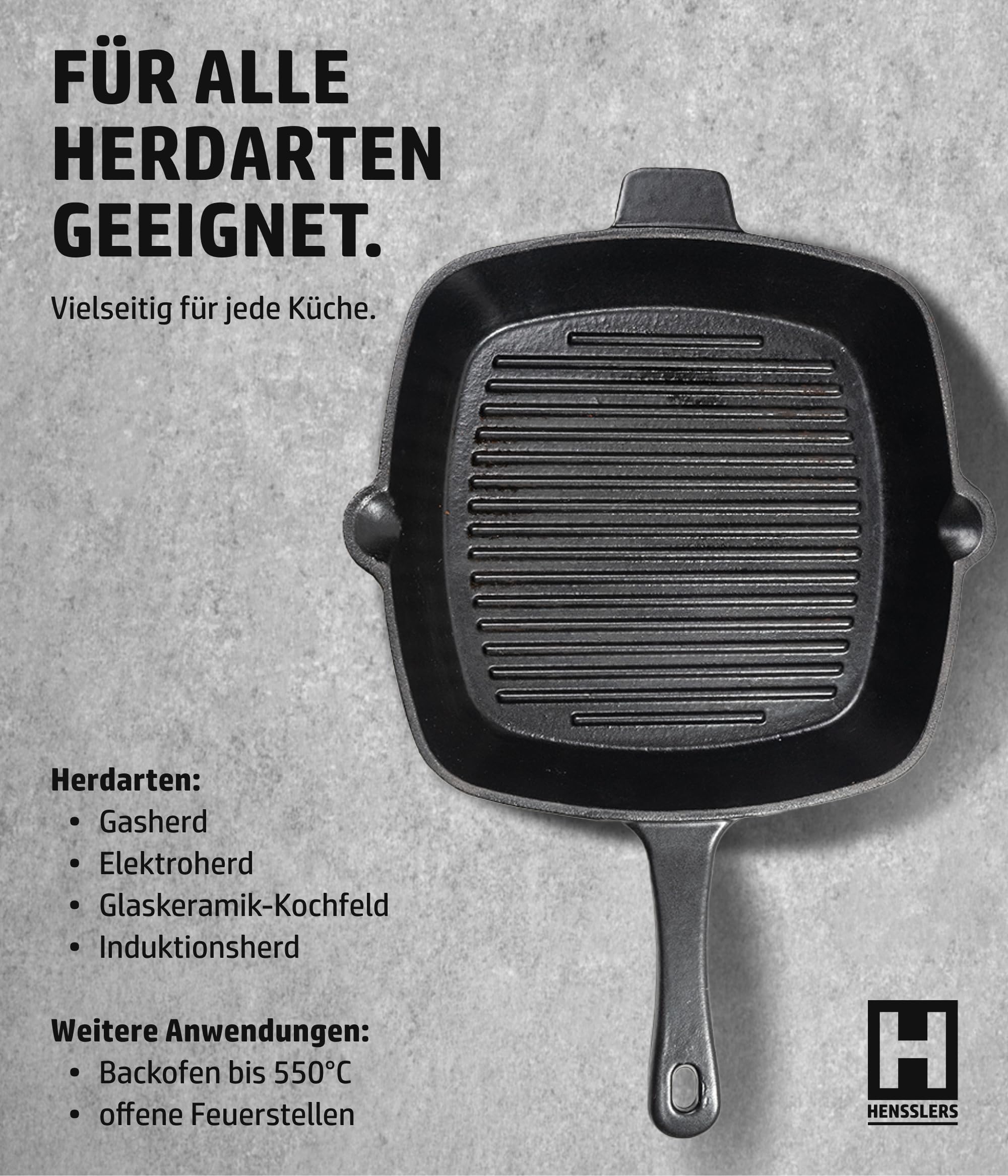 HENSSLERS® Grillpfanne Gusseisen [26cm] - Grill Pfanne für alle Herdarten & Backöfen inkl. Gasgrill & Induktionsherd - Beschichtete Antihaft Steakpfanne - Viereckige Induktion Gusspfannen für Grill