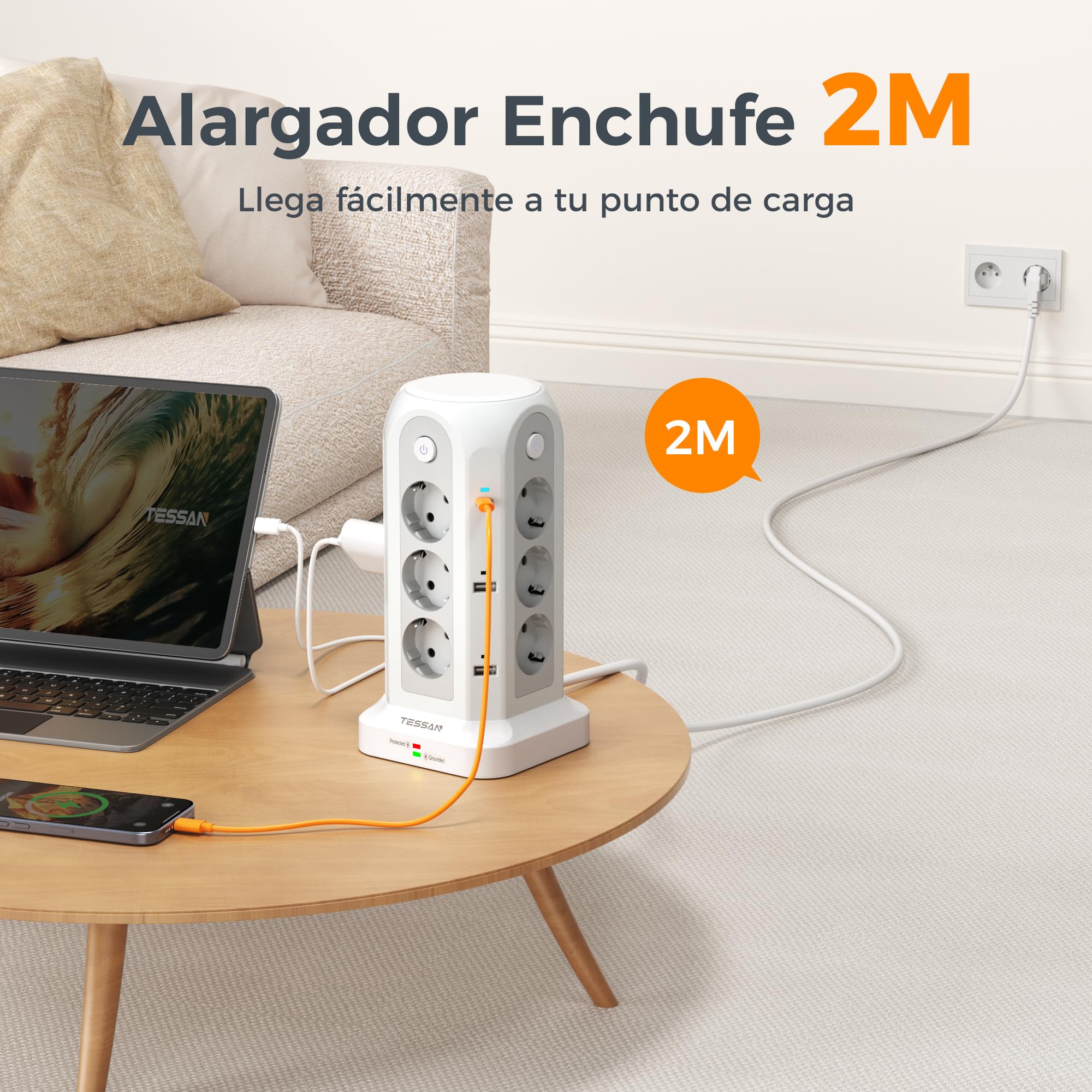 TESSAN Regleta Enchufes Torre 18 en 1 con 6 USB 12 Tomas Multiples 2 USB C Proteccion Sobretension Cable 2M