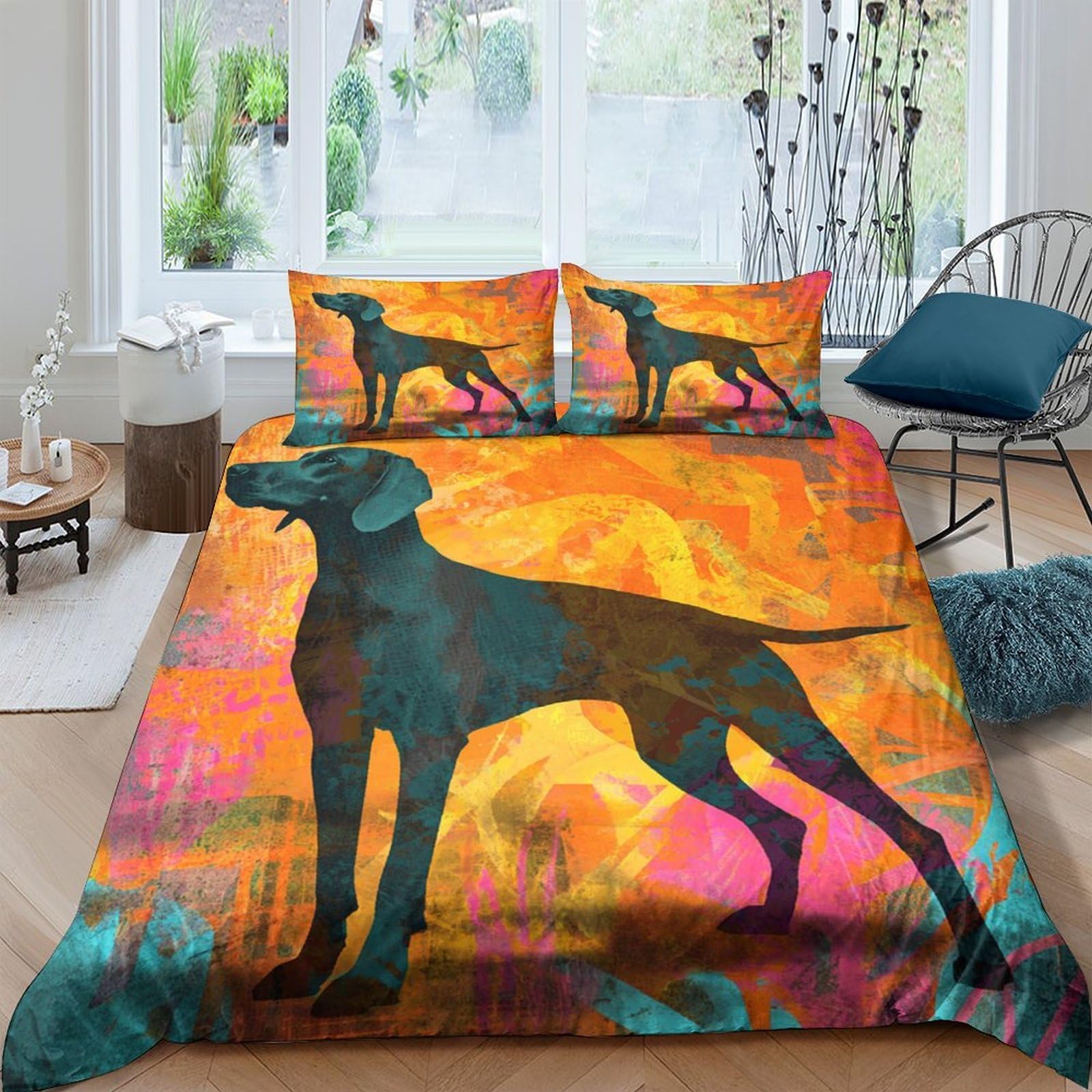GPLZQXKJNH 3D Printed Dog Silhouette Duvet Cover Microfiber Orange Artful Bedding Set with 2 Pillowcases for Bedroom Decor Single（135x200cm）