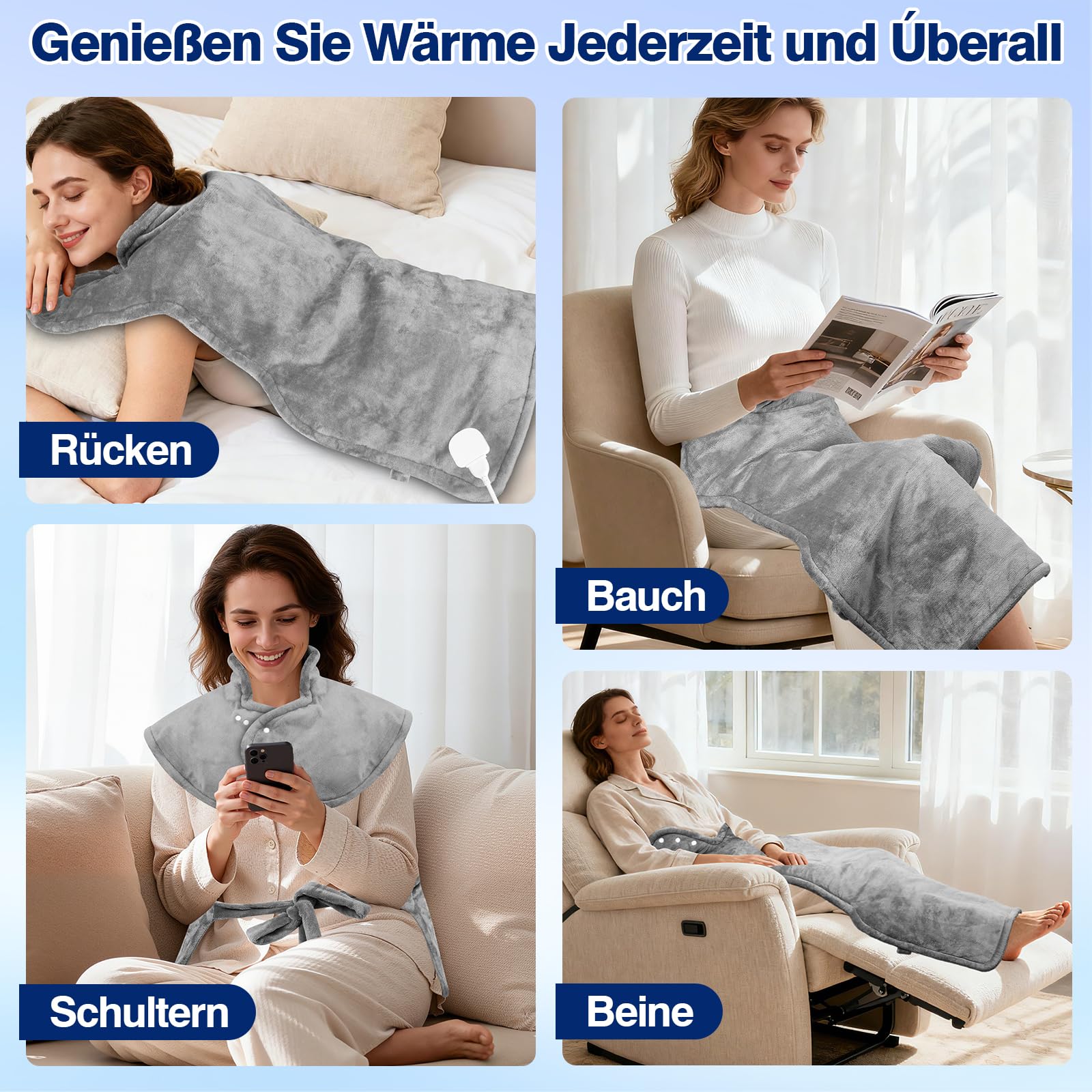 Heizkissen für Rücken Schulter Nacken 60 x 100cm, Heizdecke 9 Heizstufen mit 4 Zeitschaltuhren Wärmekissen mit Taillenriemen, Schnelle Erwärmung, Rückenwärmer Abschaltautomatik, Flanell