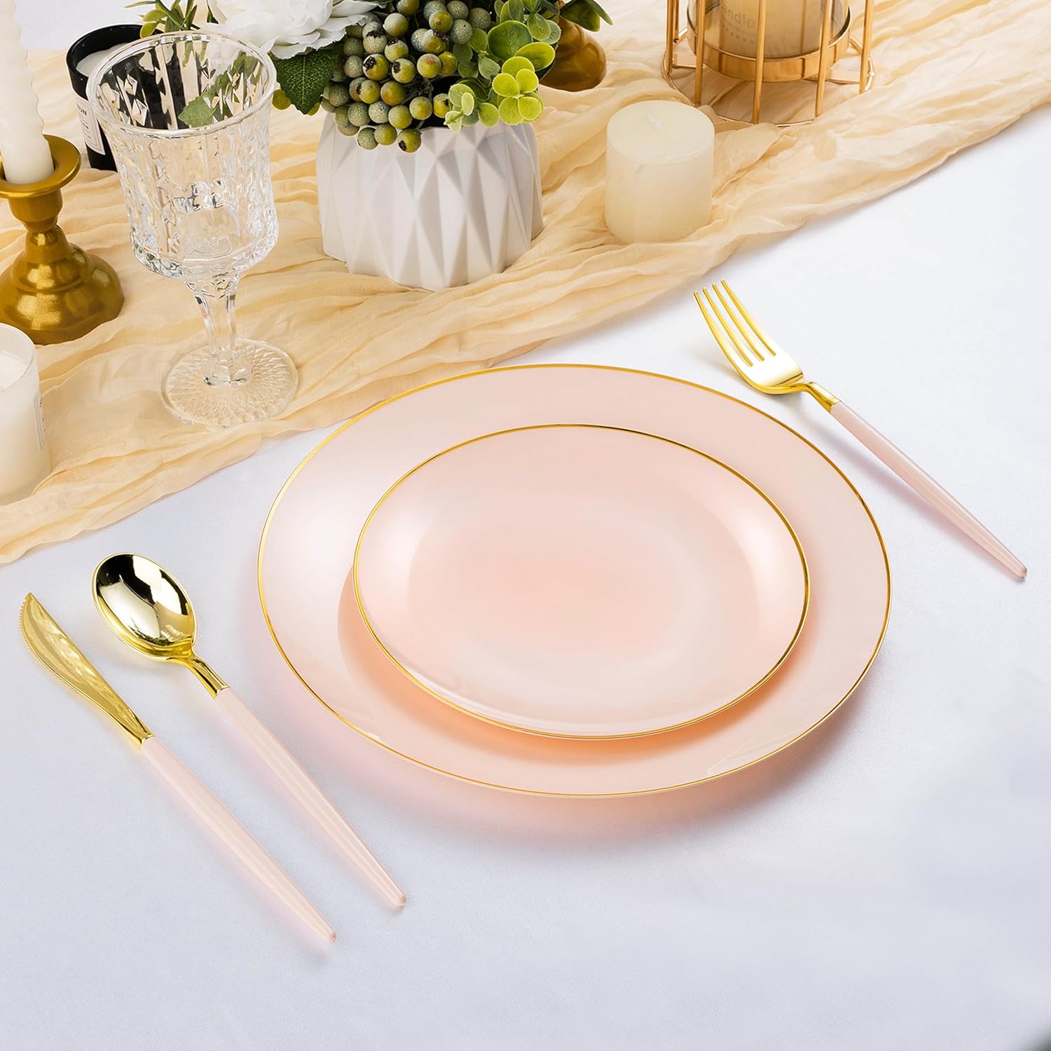 lu Pink Gold Plastic Utensils for 50 Guests, Gold Disposable
