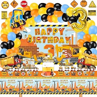 Construction Birthday Party Supplies for 3 Year Old Boy, 139 Pcs Dump Truck Party Decorations for Boys Baby - Backdrop, Cake, and Cupcake Toppers, Balloons, Cupcakes Wrappers, Party Traffic Signs, Tablecloth, Crown and Poster