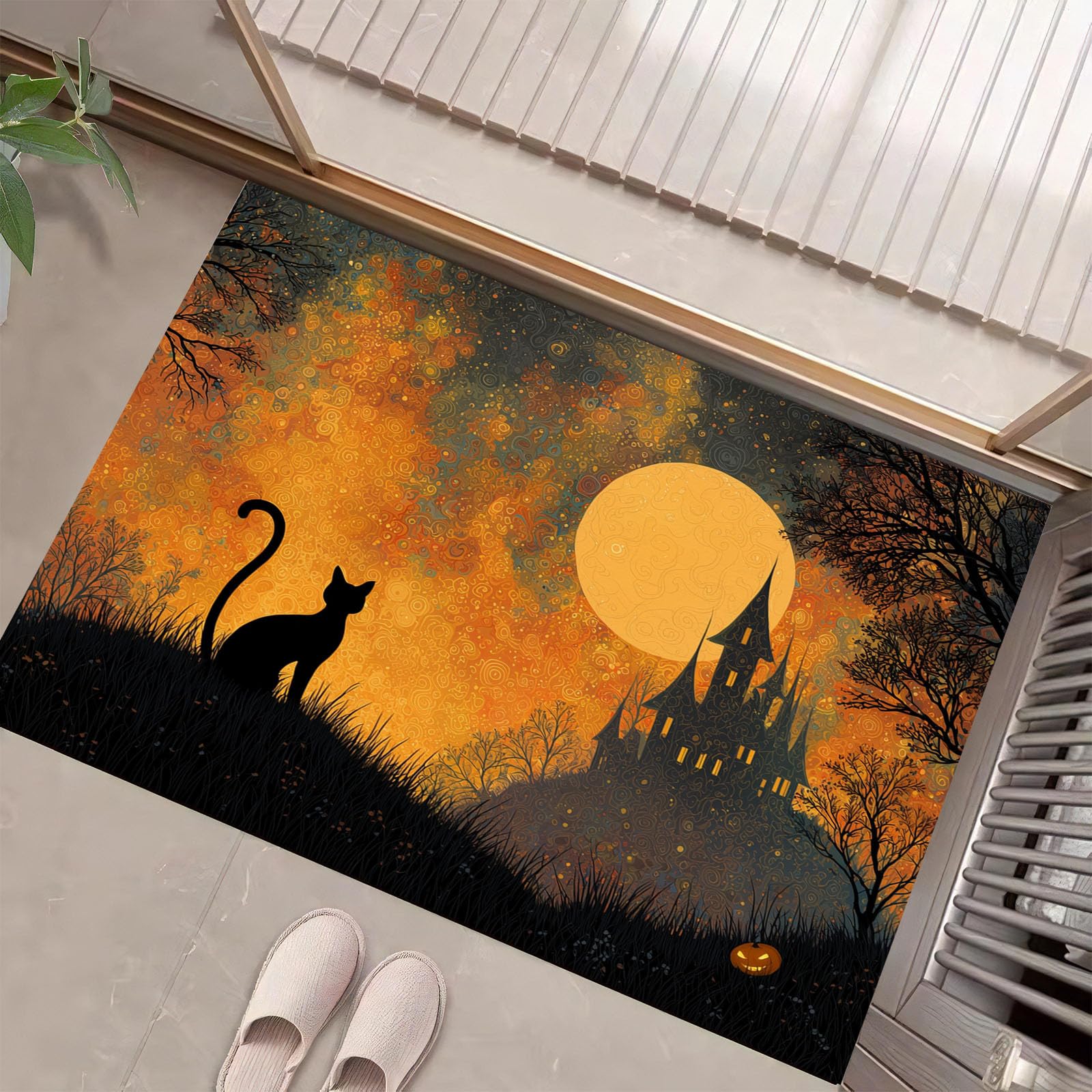 Tapis intérieur pour entrées au style gothique et chat sous le ciel étoilé