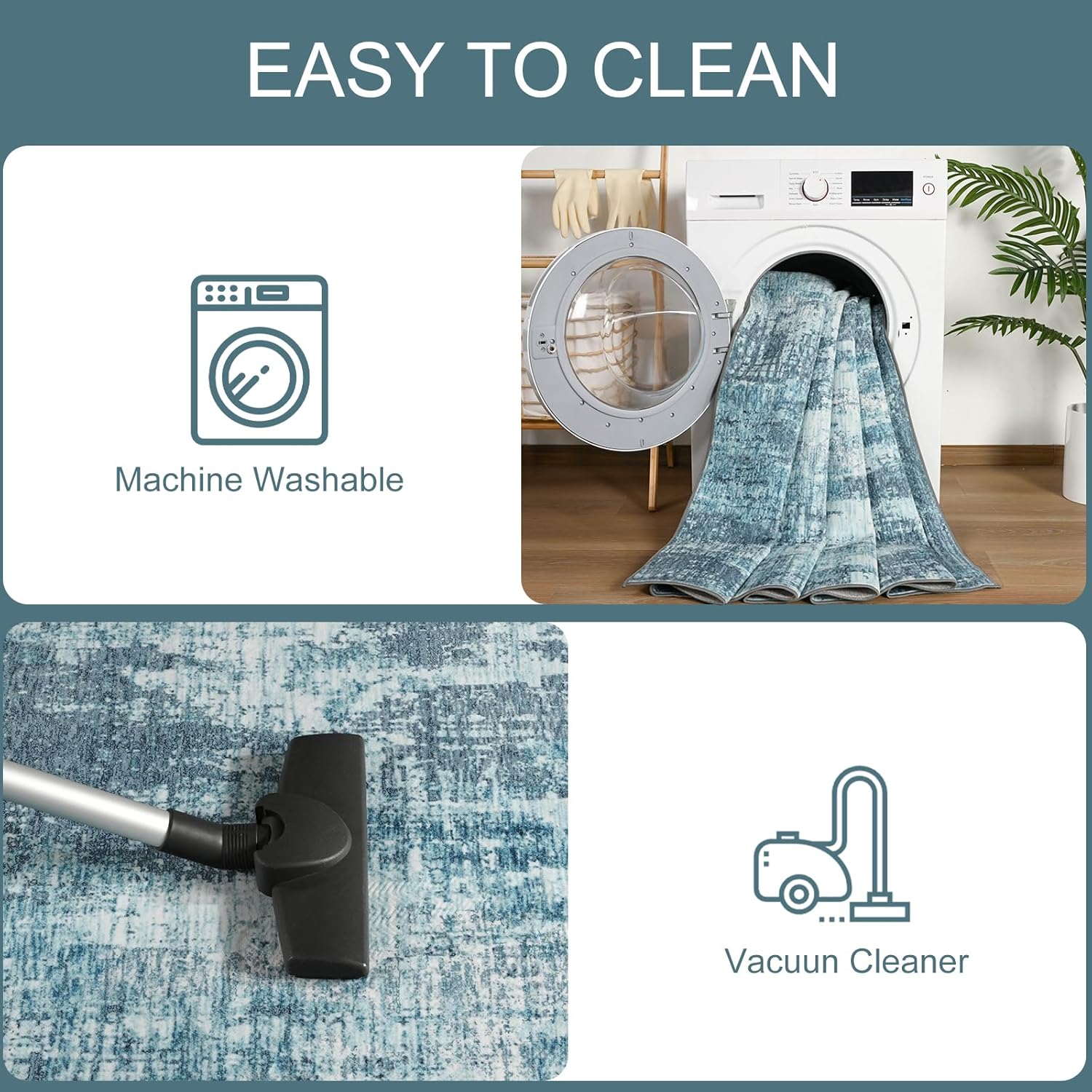 Modern Abstract 3x5 Rug, Soft Grey Area Entryway Rug, Machine Washable Non Slip Area Rugs for Bedroom, Low Pile Stain Resistant Distressed Rugs for Living Room, Dining Room, Dorm, Teal