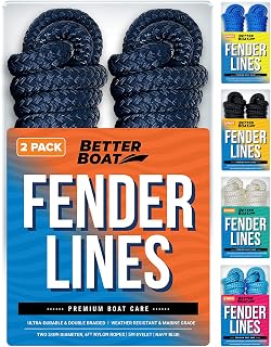 Boat Fender Lines, 3/8 Inch Double Braided Nylon Rope, 6 Ft with Loop, 2 Pack, Navy Blue, for Buoy, Jet Ski Mooring, Docking & Small Boat Bumpers