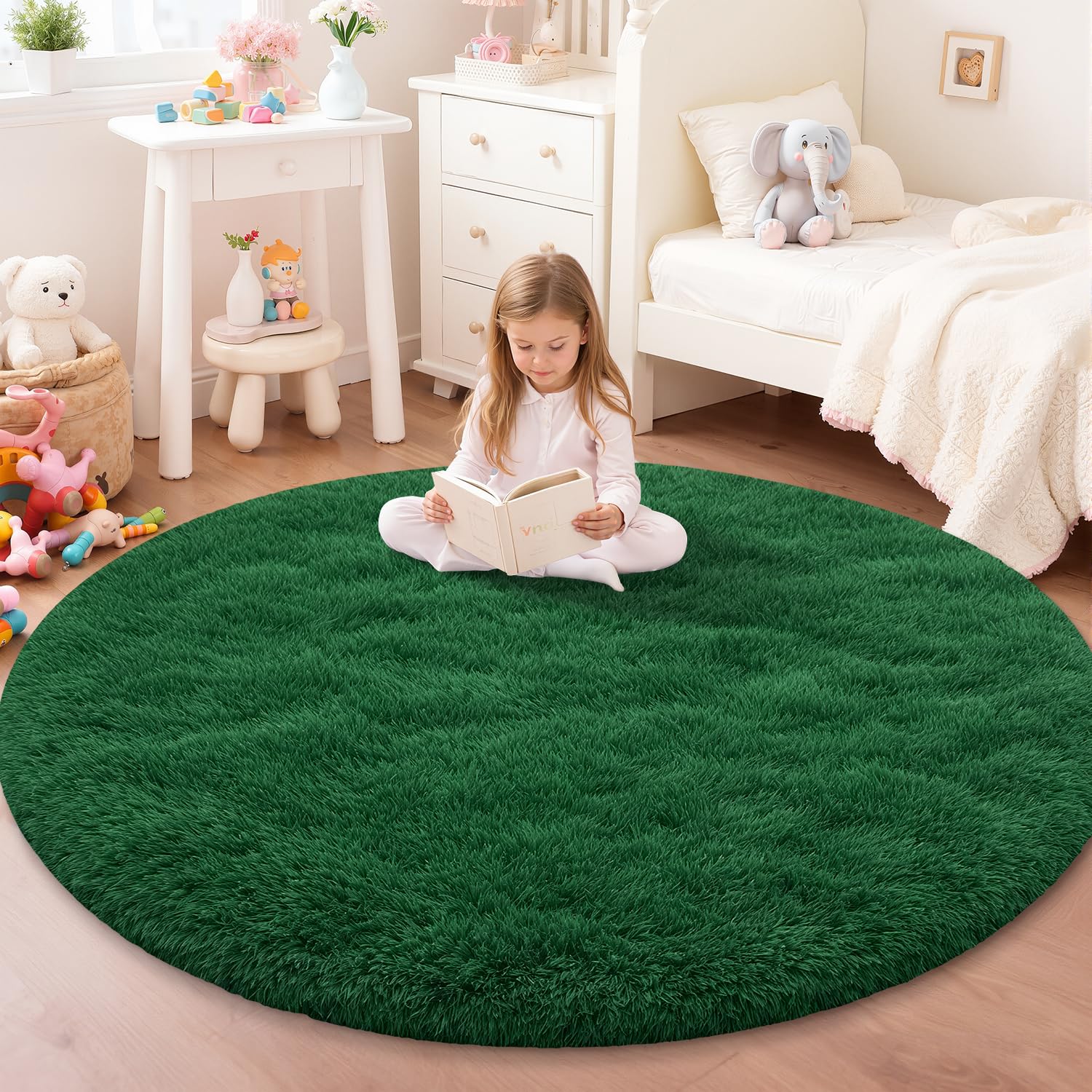 JOYARR Round Rug Kids Room Bedroom Nursery, Fluffy Soft Shaggy Washable Anti-Slip Modern Decor Carpet, Solid Dark Green, 140 cm