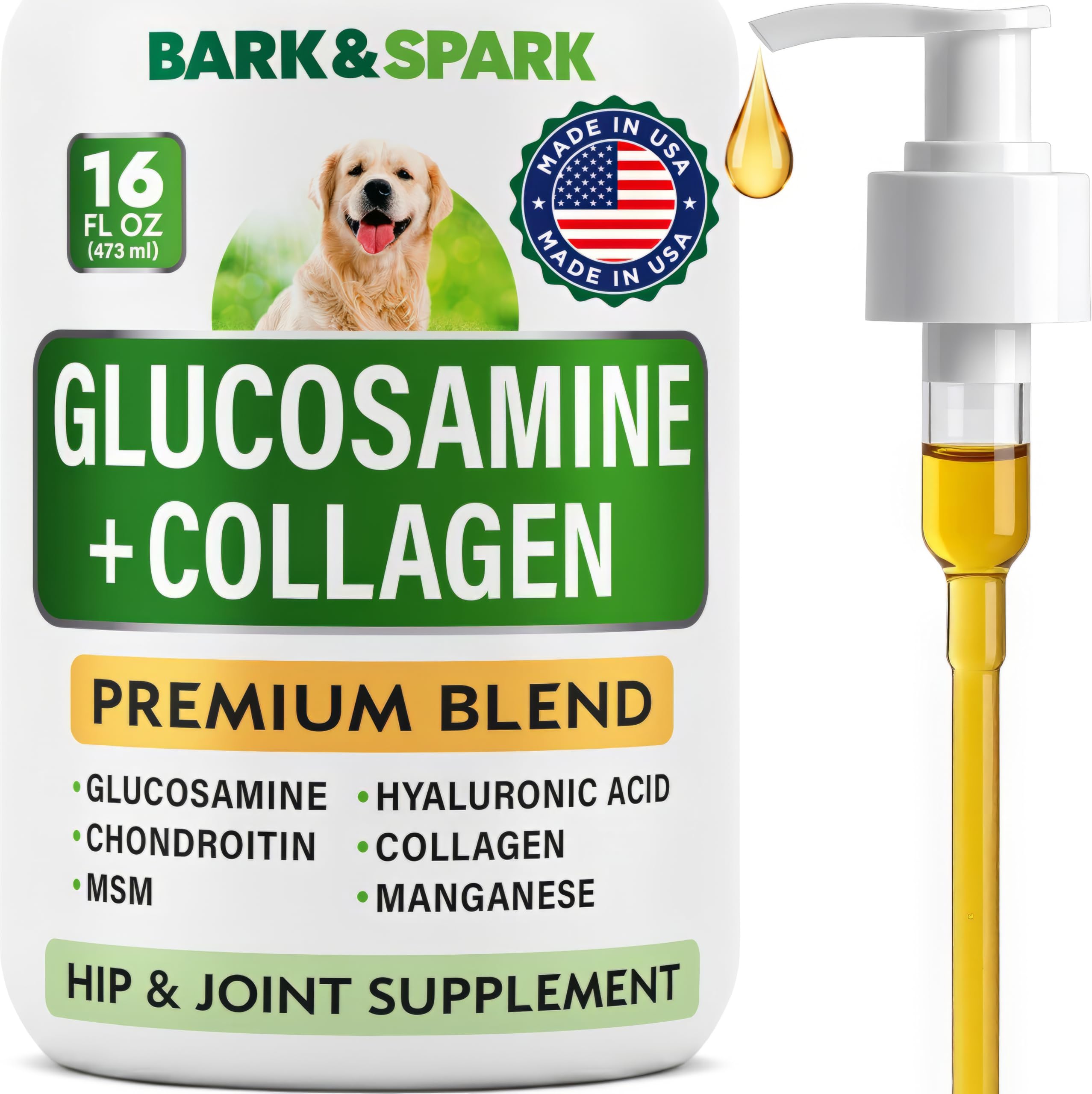 BARK&SPARK Liquid Glucosamine for Dogs w/Collagen (16 OZ) Advanced Mobility Joint Supplement for Dogs - Advanced Formula with Chondroitin, MSM - Hip &