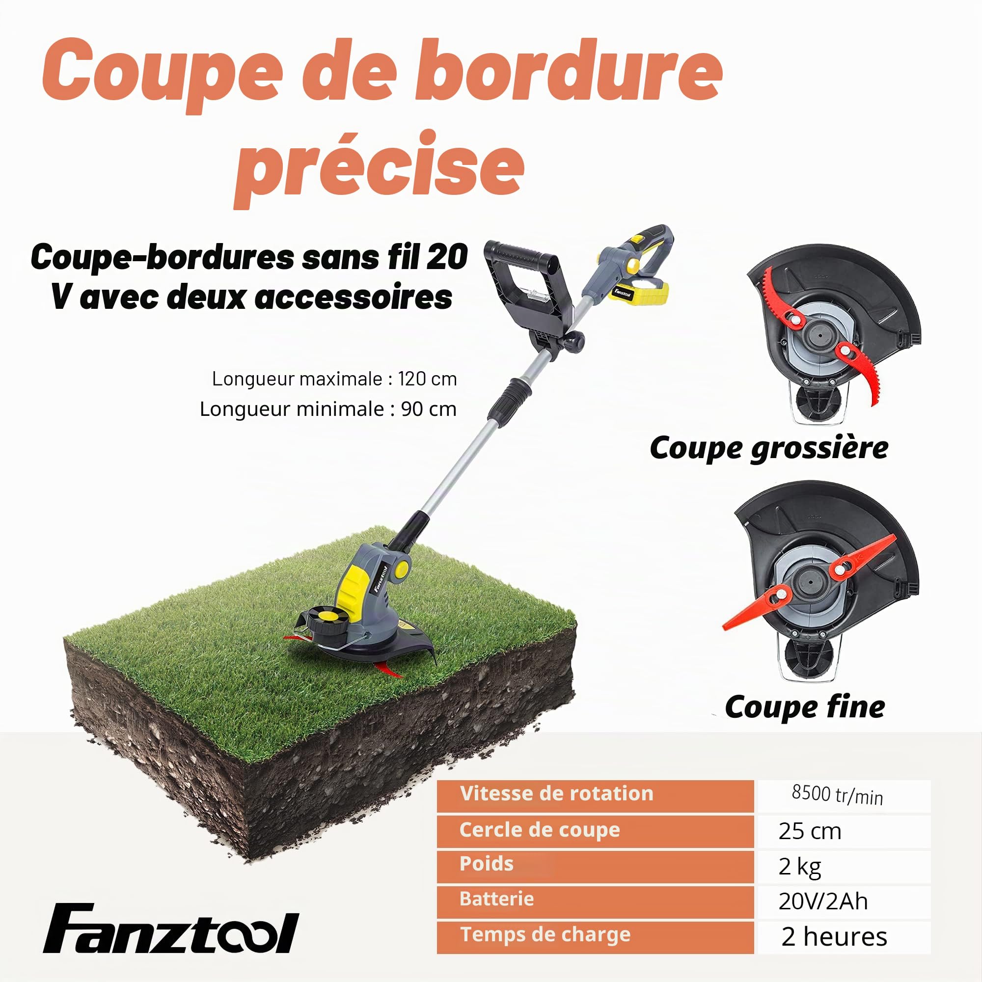 FANZTOOL Débroussailleuse Électrique sans Fil, Coupe-Bordure sans Fil avec Batterie, avec Chargeur Inclus, Lame Droite et Lame Courbée Dentée, Poignée Réglable, idéale pour Jardin, pelouse et Champs