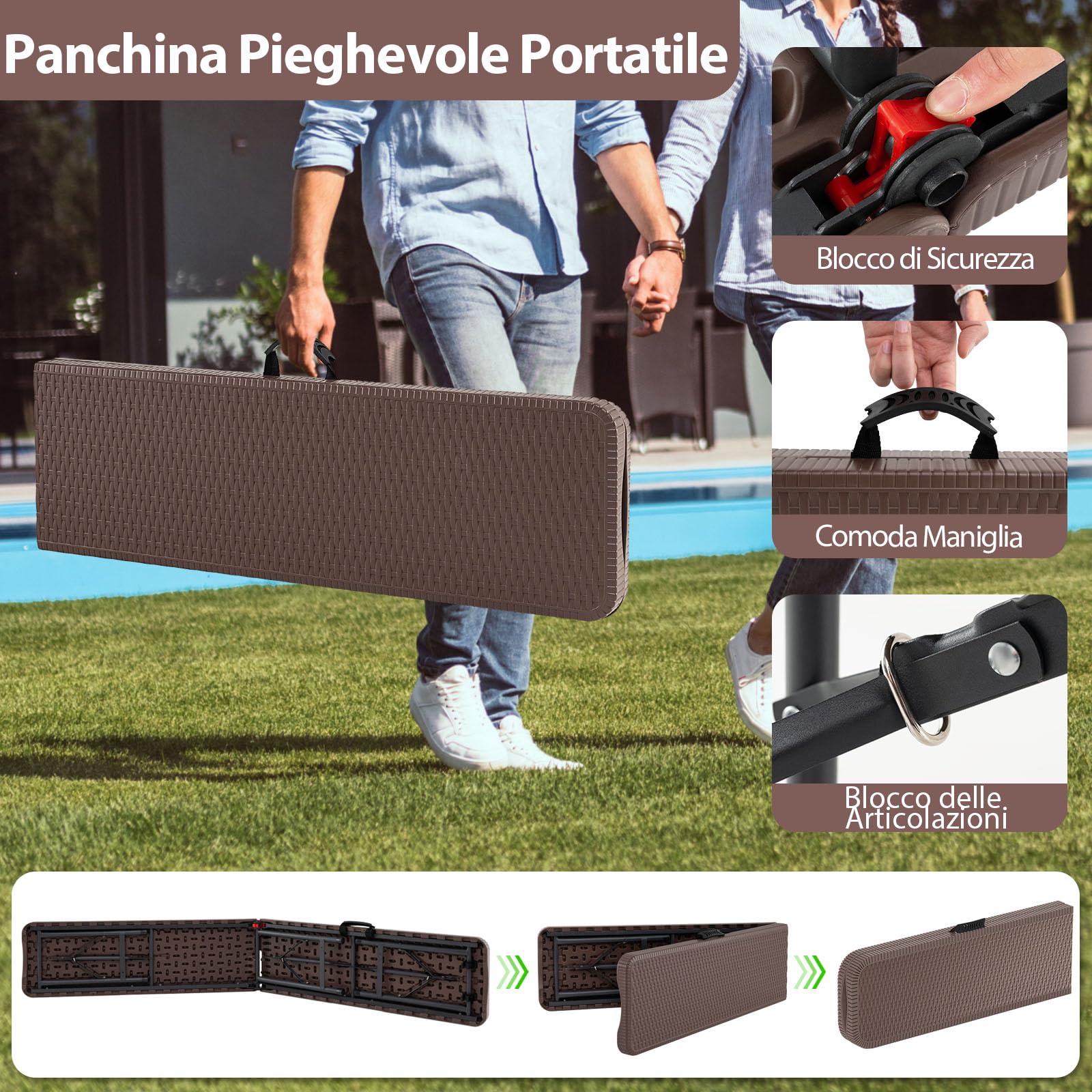 COSTWAY Panca da Giardino 180 cm, Panca Pieghevole da Picnic | in HDPE, per Giardino Campeggio Festa, Portata 600 kg