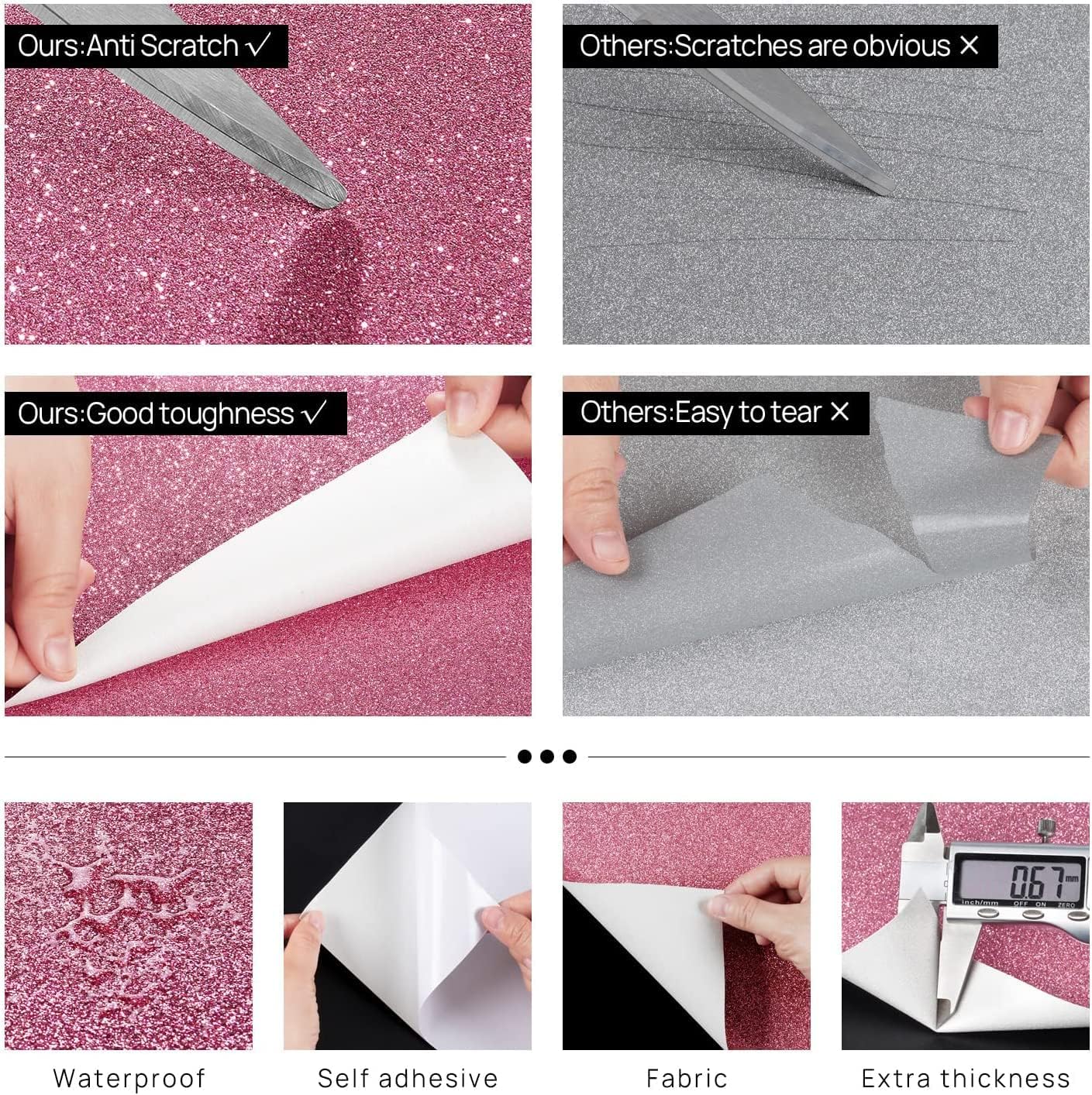 FunStick 16"x240" Light Pink Glitter Wallpaper Self Adhesive Pink Glitter Contact Paper for Cabinets Dresser Removable Sparkle Peel and Stick Wallpaper for Girls Bedroom Walls Crafts Decorative Fabric