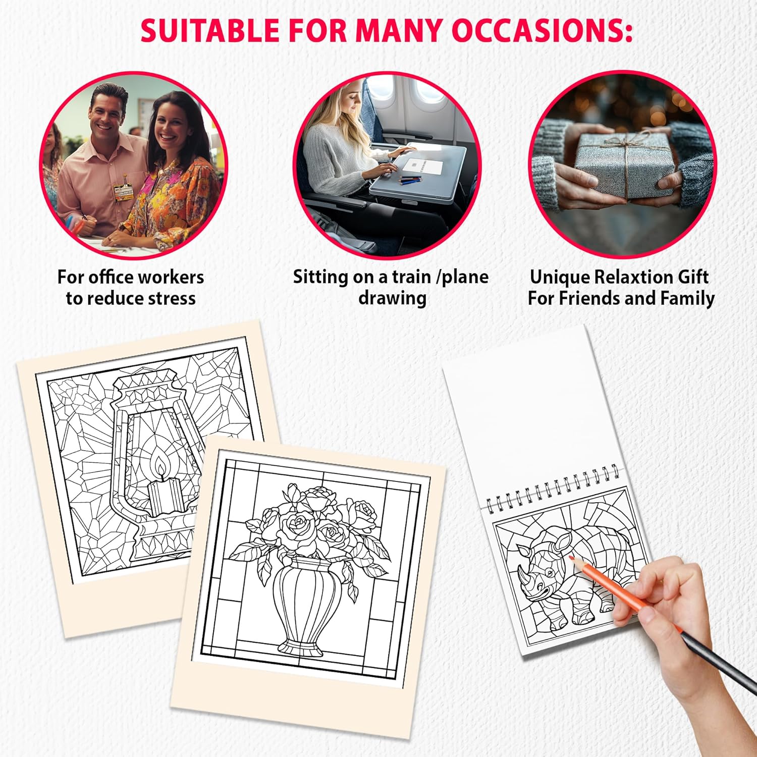 TPLHOUSE Mini Stained Glass Coloring Books for Adults, Pack of 6, Spiral Bound, 3.5 x 3.5 Pocket Size, 40 Single-Sided Pages, Travel for Women