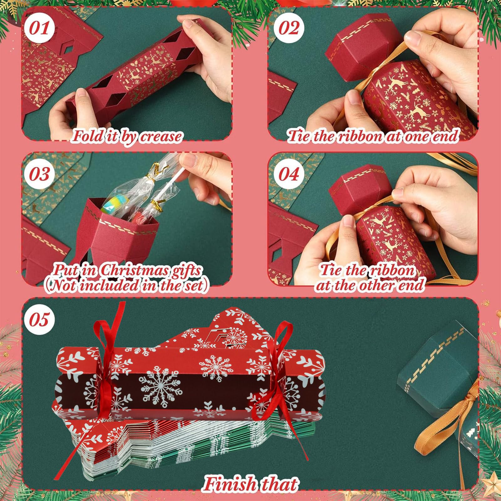 DIY Christmas Crackers Gift Boxes with Hat/Joke,30P Silver Green Red Christmas Party Crackers Bulk No Snap,Make Your Own Cracker Kit for Kid Adult,Family Cracker Fill Your Own Candy Novelty CrackerBox - Image 4