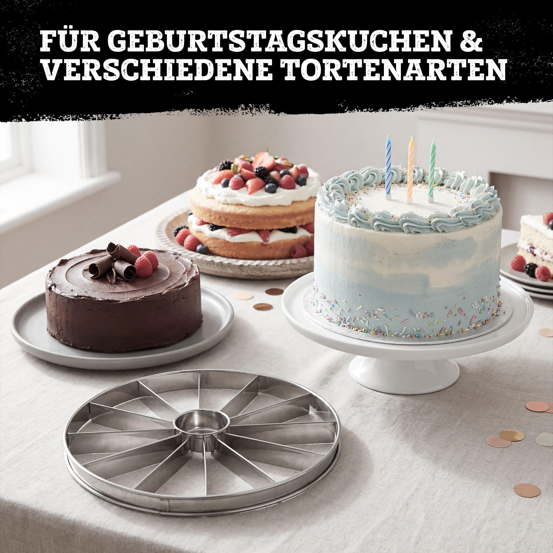 FMprofessional Tortenteiler aus Edelstahl – Tortenschneider für 12 gleichgroße Stücke, rostfreier Kuchenportionierer für Torten und Kuchen, spülmaschinengeeigneter Kuchenteiler
