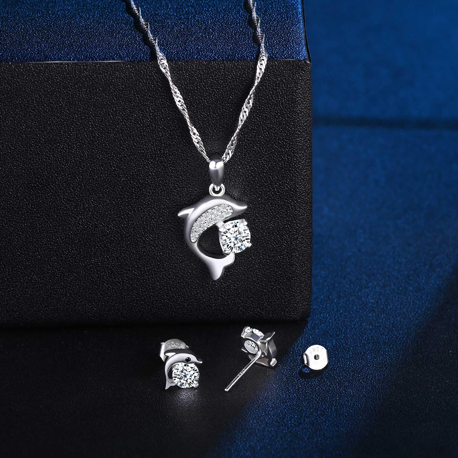 Argento 925 Set di gioielli da Donna Collana e Orecchini Delfino con Zirconi: Per Spiaggia, Festa in Casa, Elegante Parure Gioielli per Donne e Ragazze