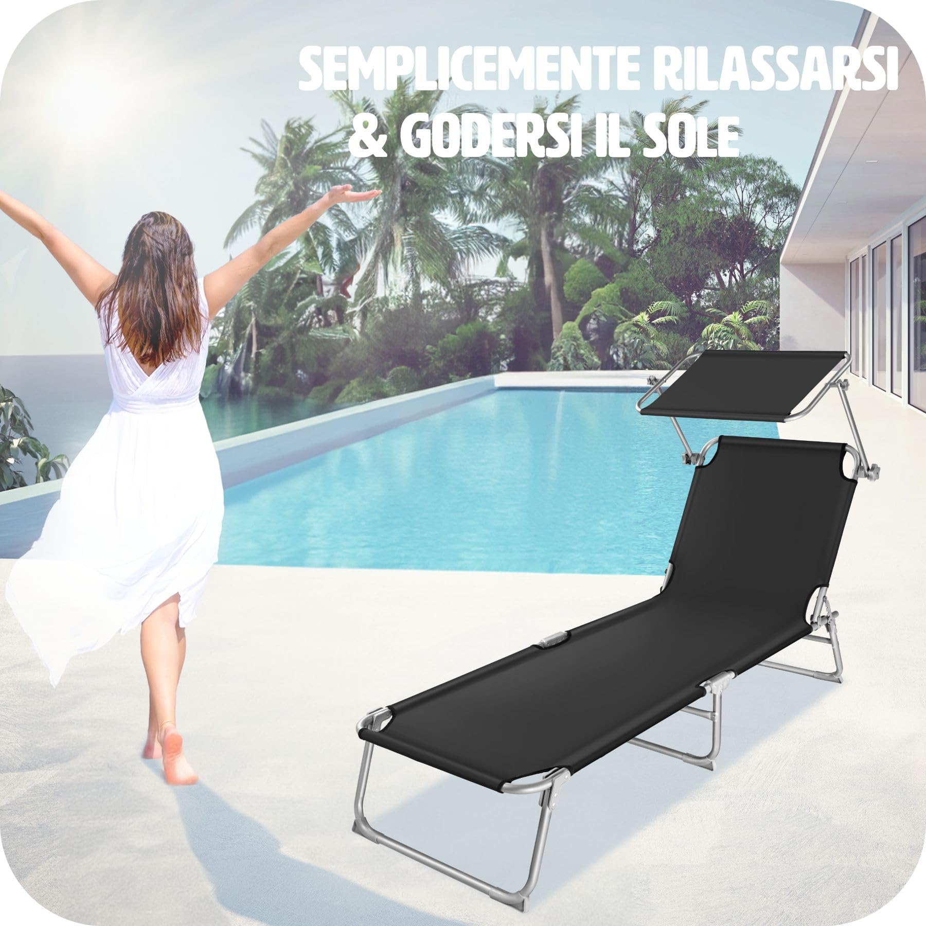 tectake® Lettino a Sdraio per Prendere Il Sole con L'Ombrello Parasole 190cm, Lettino Pieghevole, Sdraio da Spiaggia, Lettino da Sole, Sdraio da giardino, Arredamento Terrazzo Balcone- nero