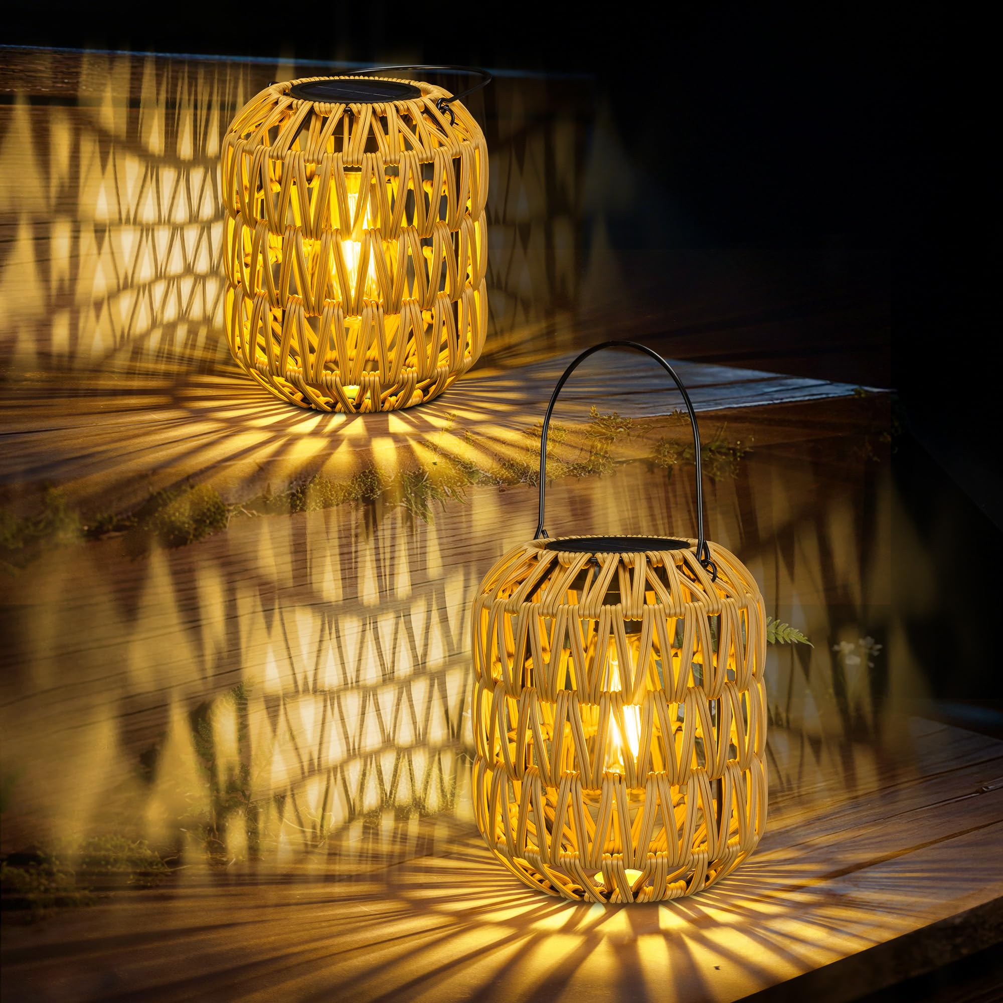 Lanterna solare per esterni, confezione da 2 lanterne a energia solare boho per esterni, resistenti alle intemperie, in rattan per esterni e giardini, giardini, cortili, balconi, decorazioni