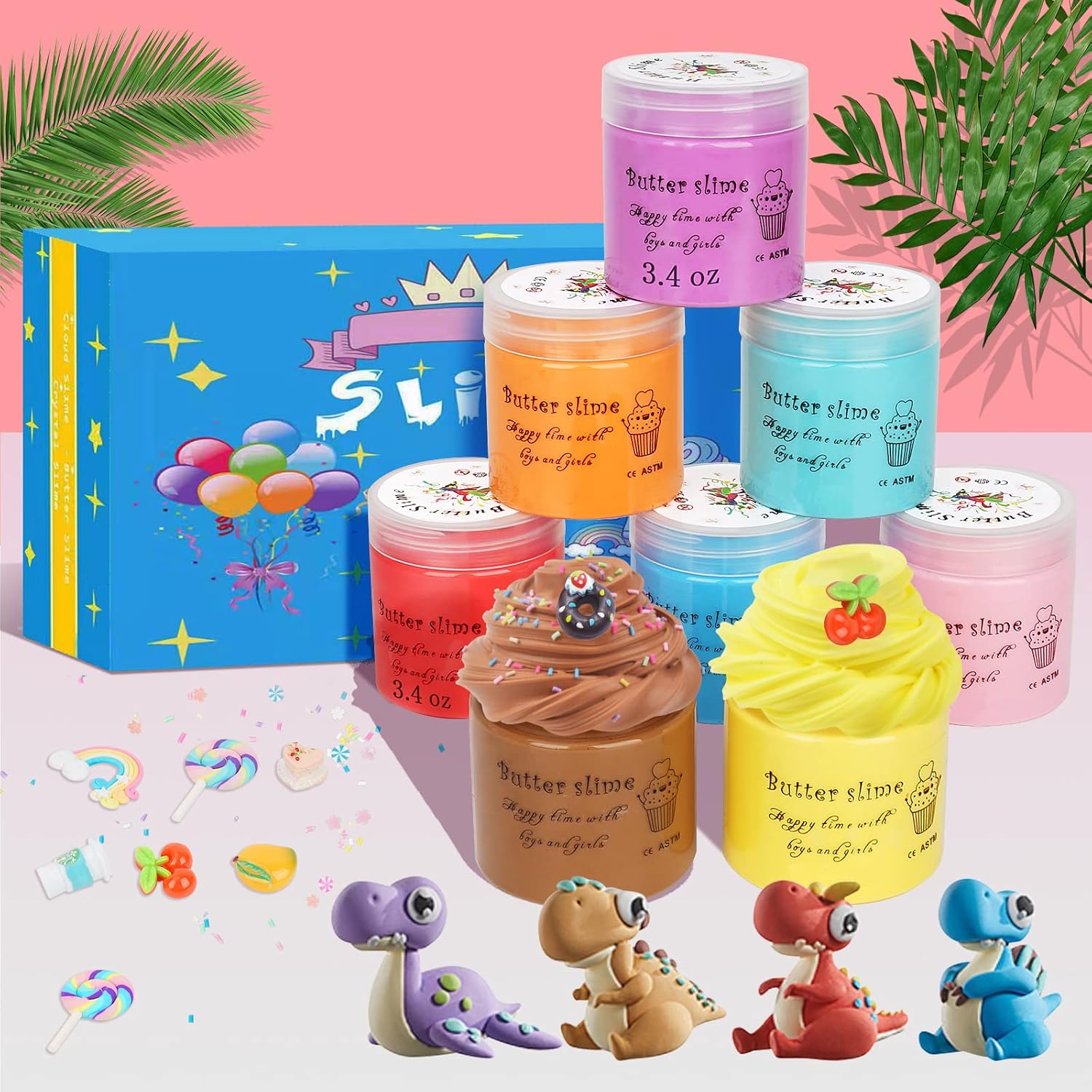 8 Pack Butter Slime Kit, with Mint, Watermelon, Candy, Coffee and Lemon Slime, Stretchy and Non-Sticky, Stress Relief Toys for Girl Boys