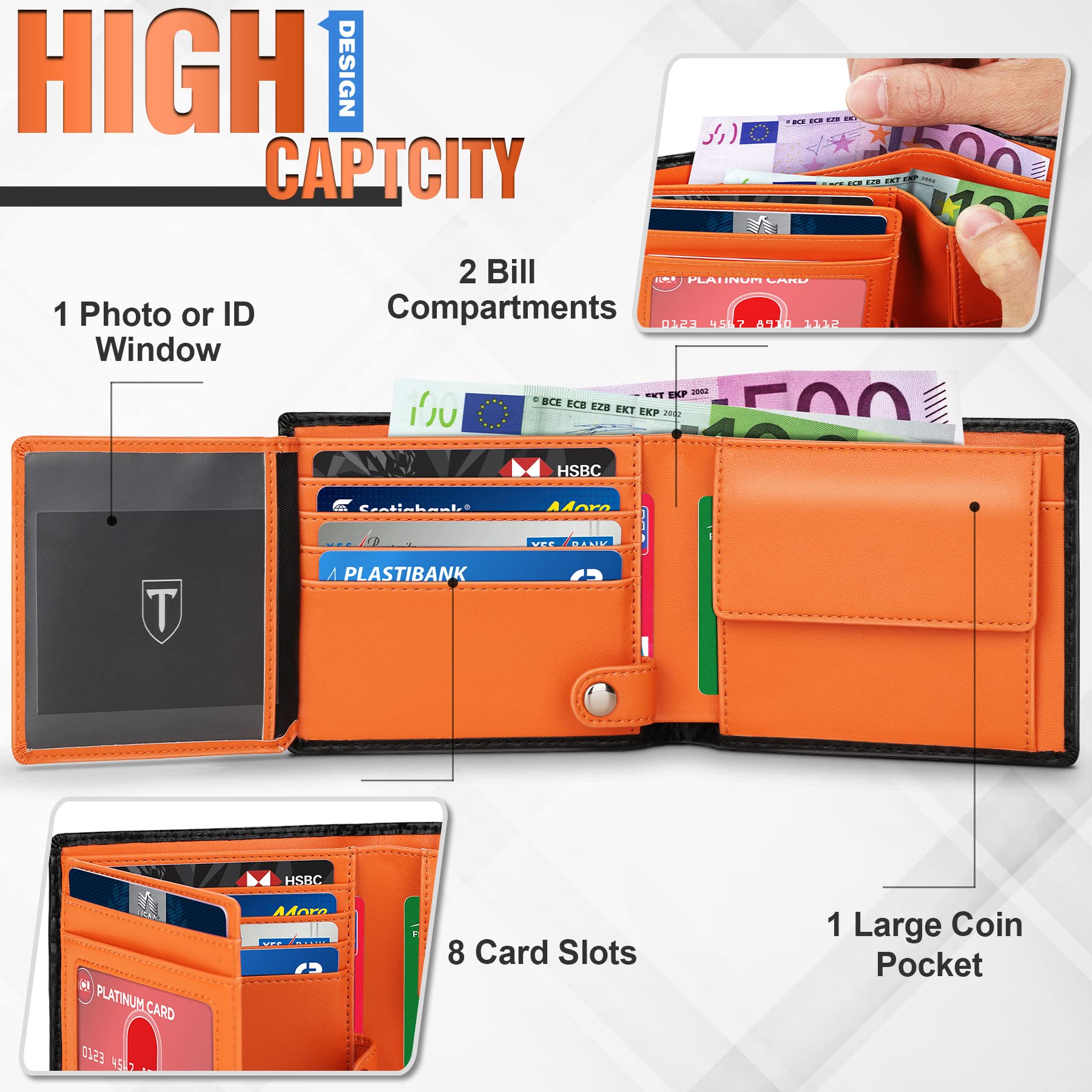 Wallets Mens, Leather Wallet, RFID Blocking Wallet, Carbon Fibre Wallet for Men with 9 Card