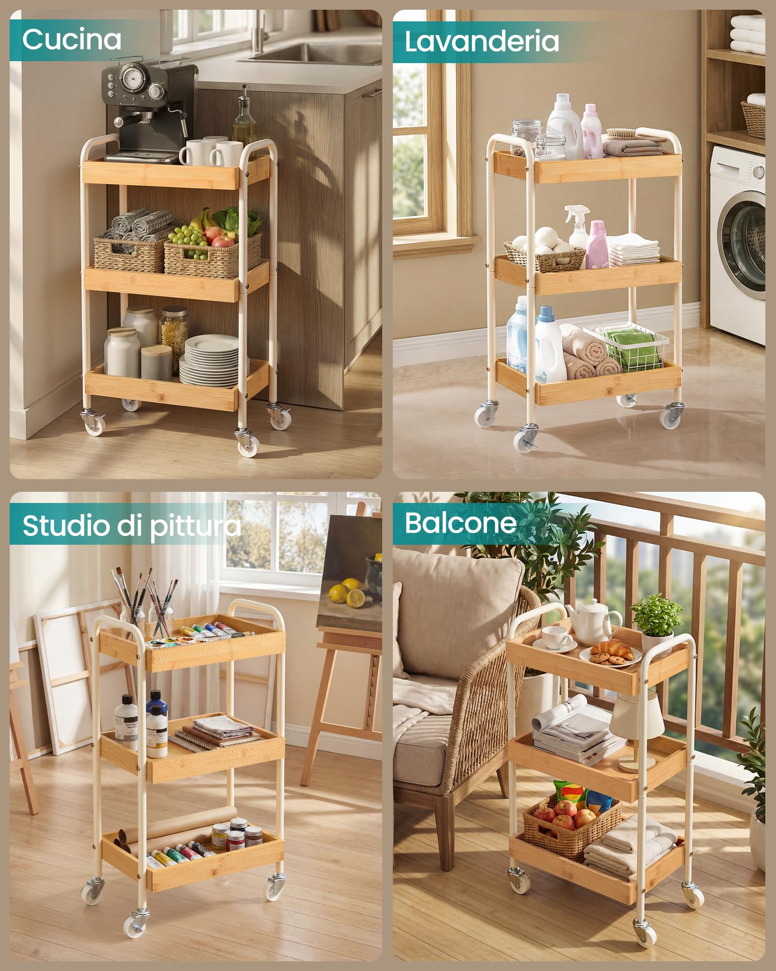 SONGMICS Carrello Portaoggetti, Carrello di Servizio, Scaffale Cucina con Maniglie, Montaggio Facile, Camera da Letto Bagno Cucina, Struttura Acciaio, 27,5 x 41,3 x 73 cm, Beige Naturale LRC081YL01