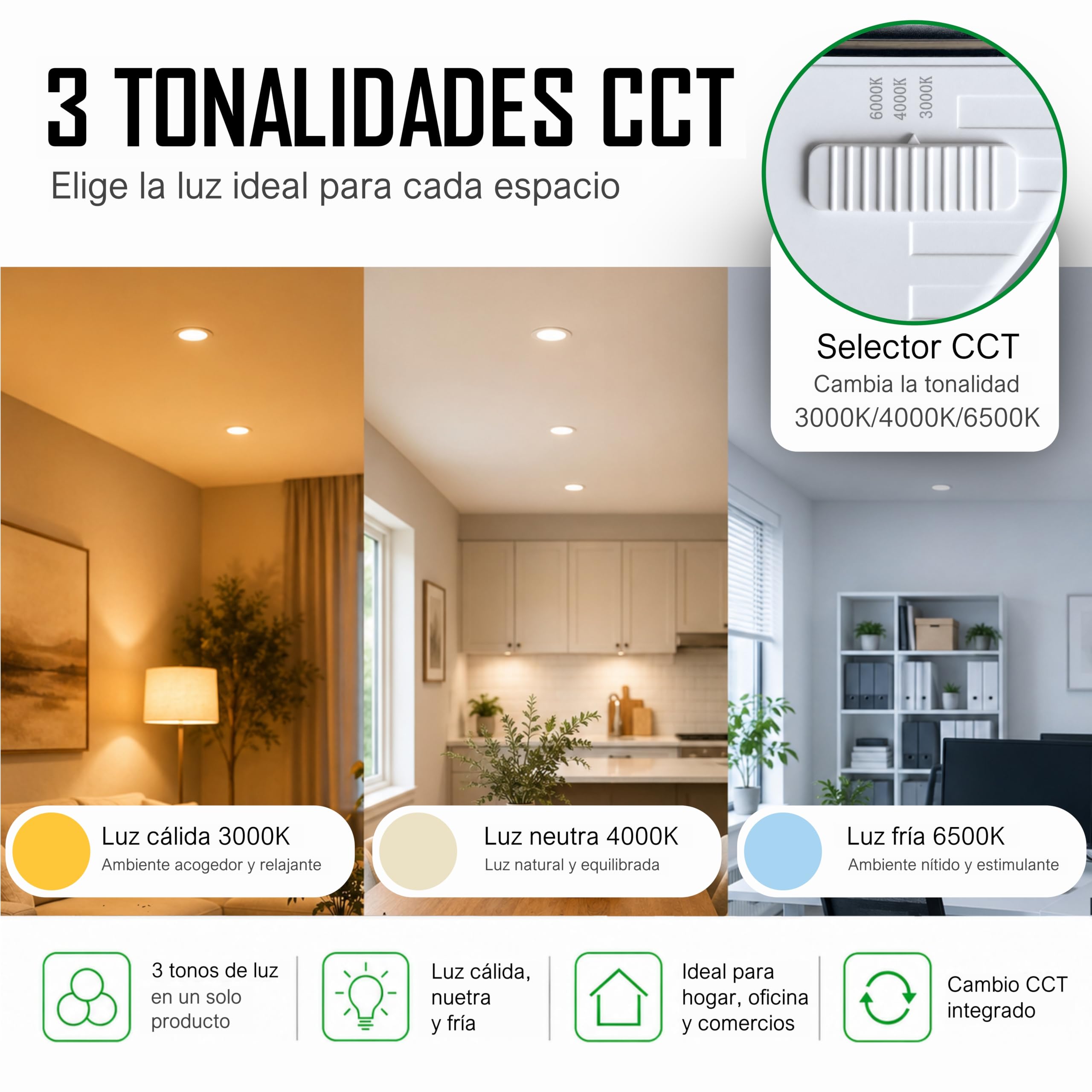 CLAR - Downlight LED Techo Cuadrado 20W, Downlight Cuadrado, Focos LED Cuadrados Empotrables, Iluminación Empotrable de Interior, 3 Tonalidades CCT (3000ºk-4000ºk-6500ºk) (Pack 10)