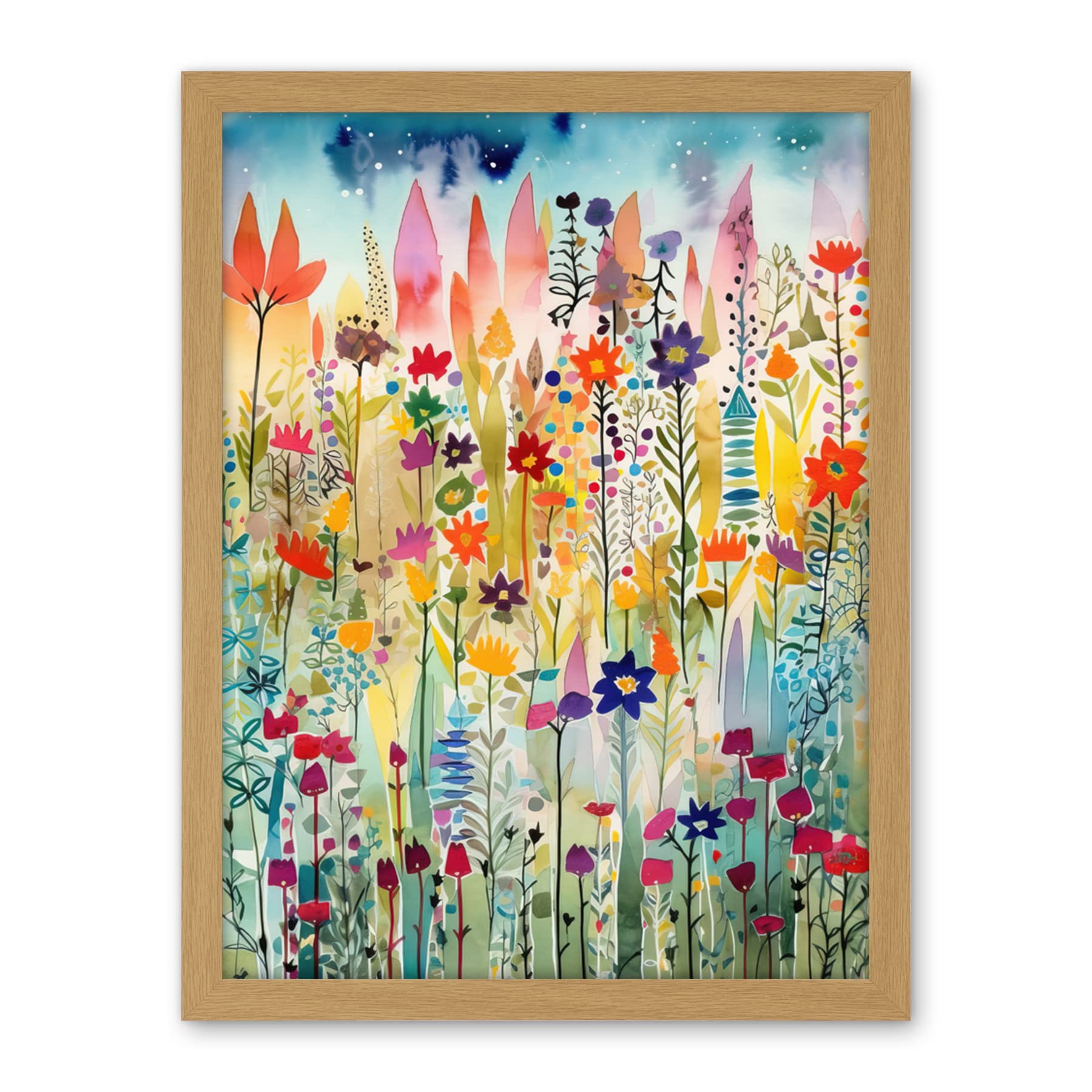 Artery8 Layered Spring Flower Field Folk Art Artwork Framed Wall Art Print 18X24 Inch