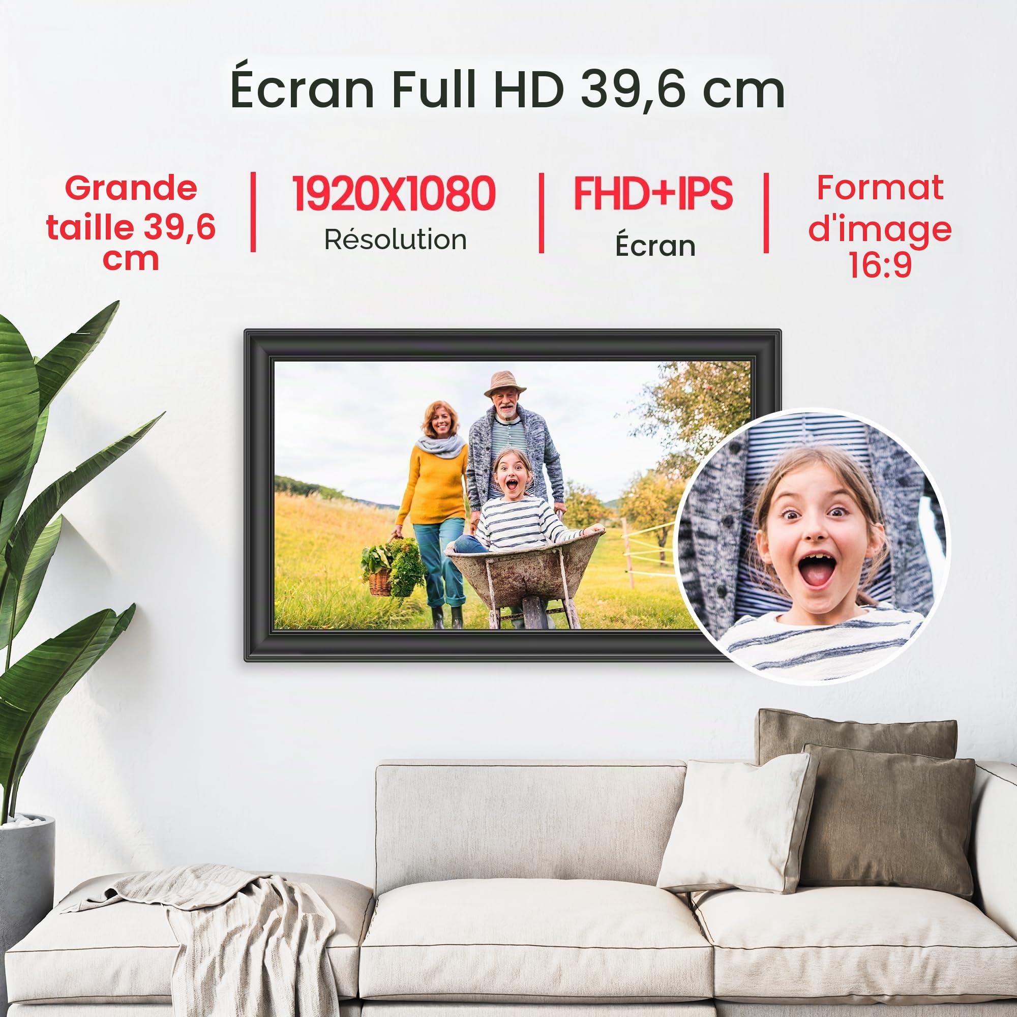 Frameo Cadre photo numérique WiFi Noir 64 Go 15,6" 1920 x 1080p FHD IPS Grand cadre photo électronique Rotation automatique Montage mural Partage de photos et vidéos
