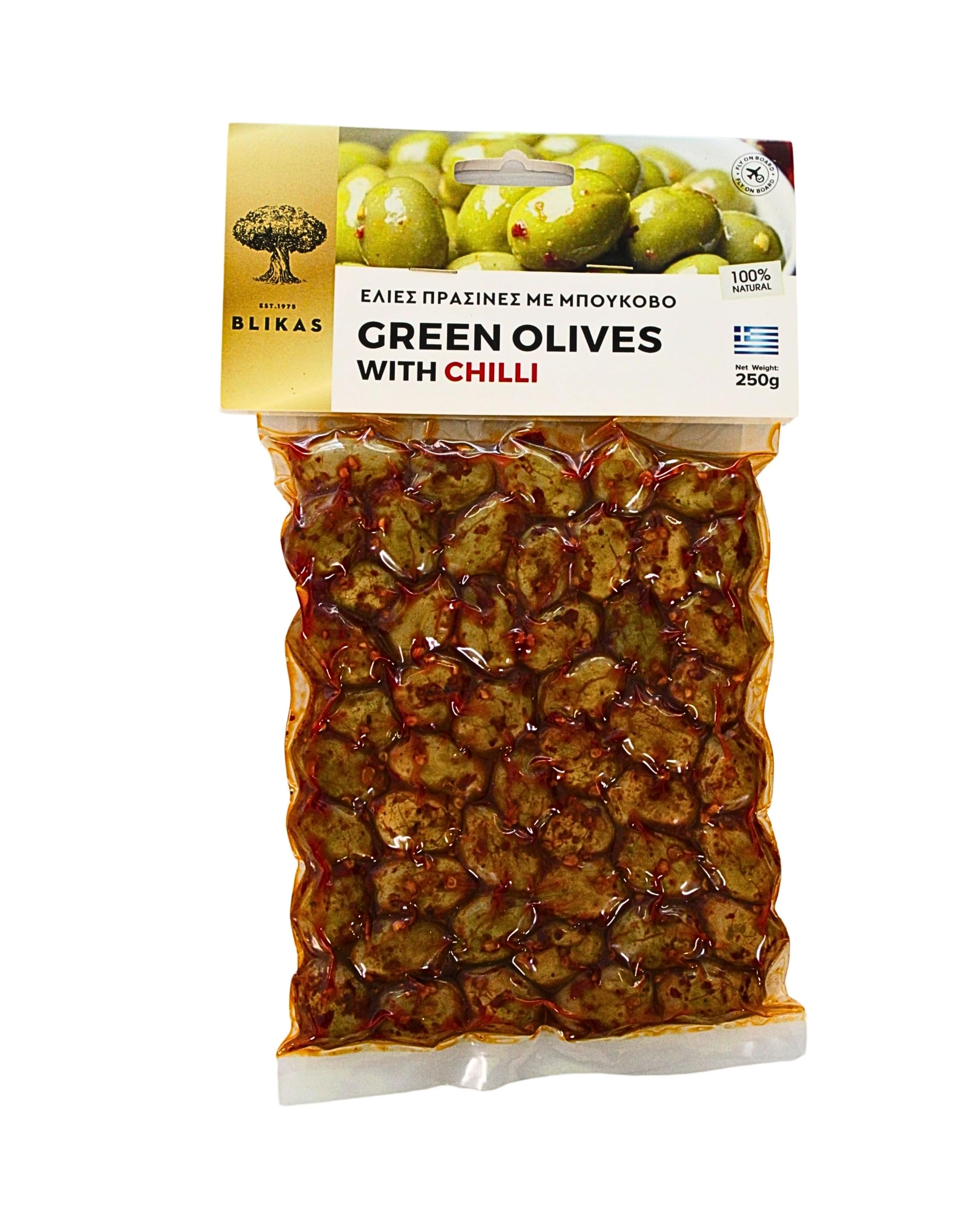Blikas Greek Green Olives with Chilli, Spicy Marinated Whole Olives in Brine – 2 x 250g (500g) | Greek Style