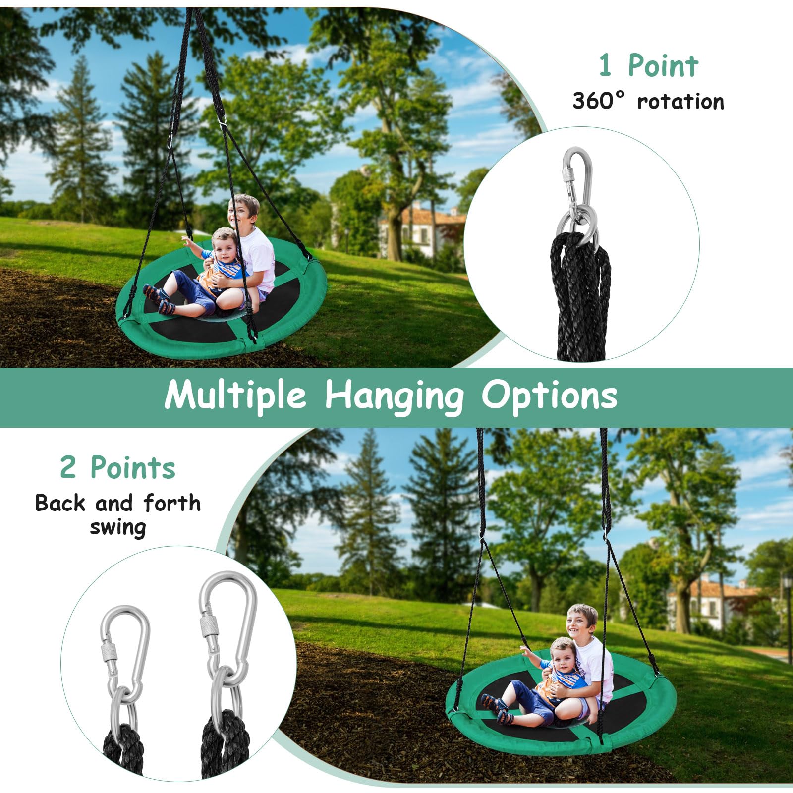 GLACER Saucer Tree Swing, 40'' Tree Swing Set with Multiple Hanging Options, Wear-Resistant 900D Oxford Fabric, Outdoor Round Swing with Adjustable Hanging Ropes for Playground, Backyard (Green)