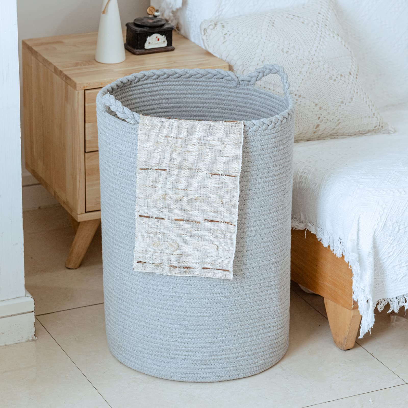Homlikelan 72L Woven Laundry Basket,Tall Wicker Laundry Basket for Blankets,Clothes,Pillows,Toys,Shoes Large Cotton Laundry Hamper for Bedroom Living Room Bathroom Nursery Gray